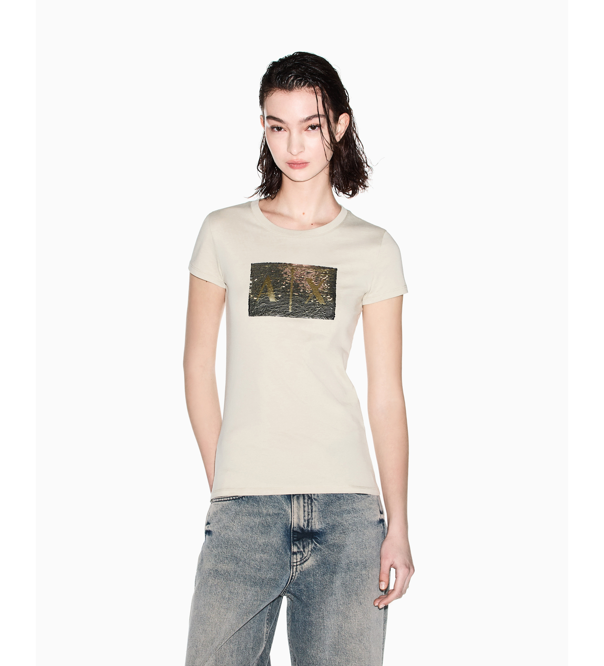 A|X Armani Exchange für Damen. 8NYTDLYJ73ZU6275 T-Shirt Party beige (M), Lässig, Baumwolle, Kurzarm