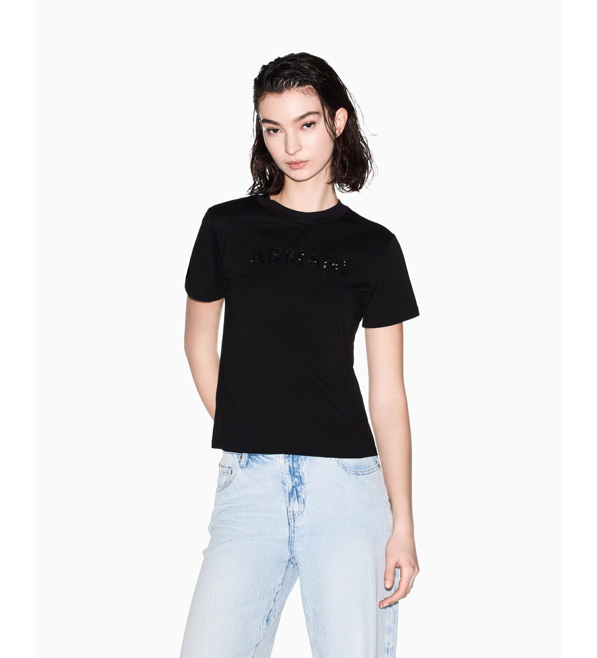 A|X Armani Exchange für Damen. XW002340AF10358UC001 Boxy-T-Shirt schwarz (S), Lässig, Baumwolle, Kurzarm