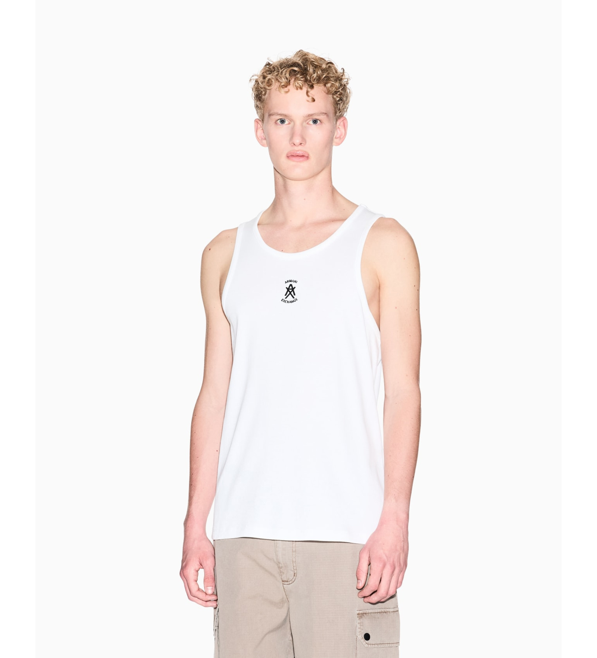 A|X Armani Exchange für Herren. XM001794AF19963U0009 Geripptes ärmelloses T-Shirt mit weißem Logo (XS), Lässig, Baumwolle, Ärmellos / Hosent