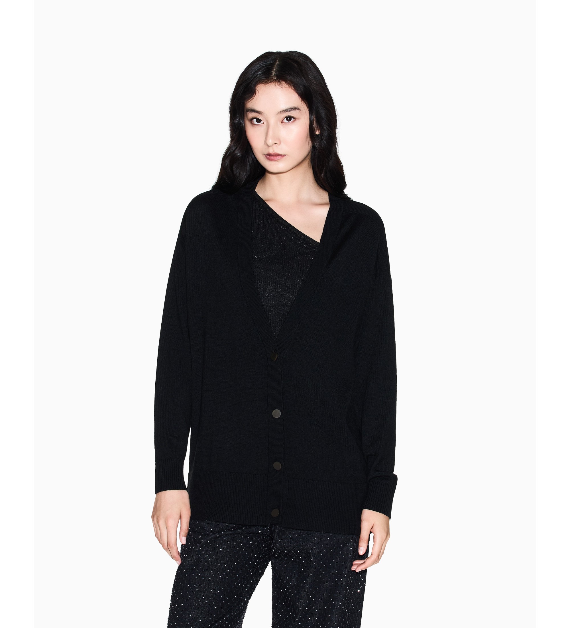 A|X Armani Exchange für Damen. XW001879AF11956UC001 Entspannte Strickjacke schwarz (M), Lässig, Wolle