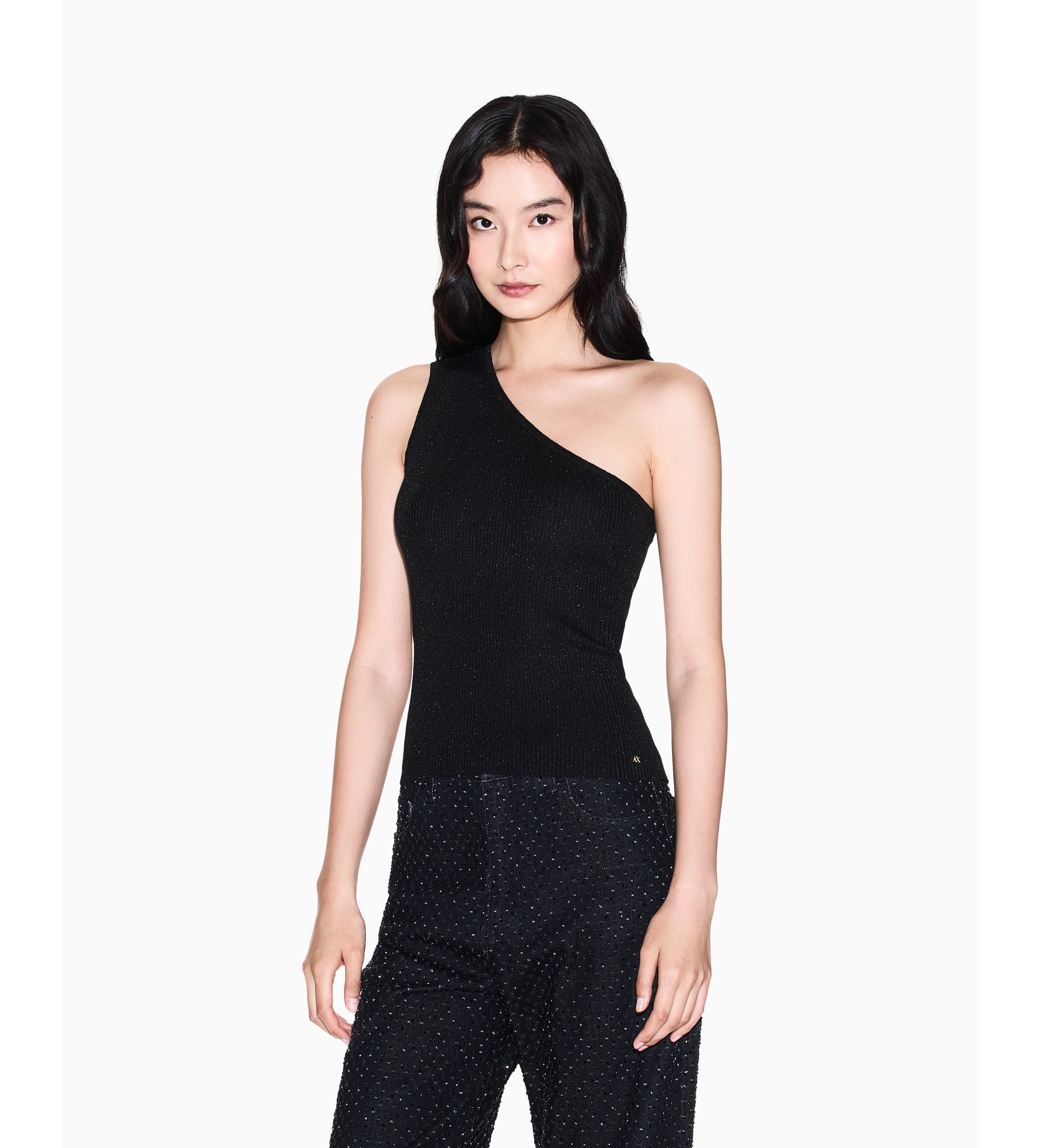 A|X Armani Exchange für Damen. XW001881AF11957MC005 Asymmetrisches schwarzes Top (XS), Lässig, Party, Viskose, Ein Ärmel