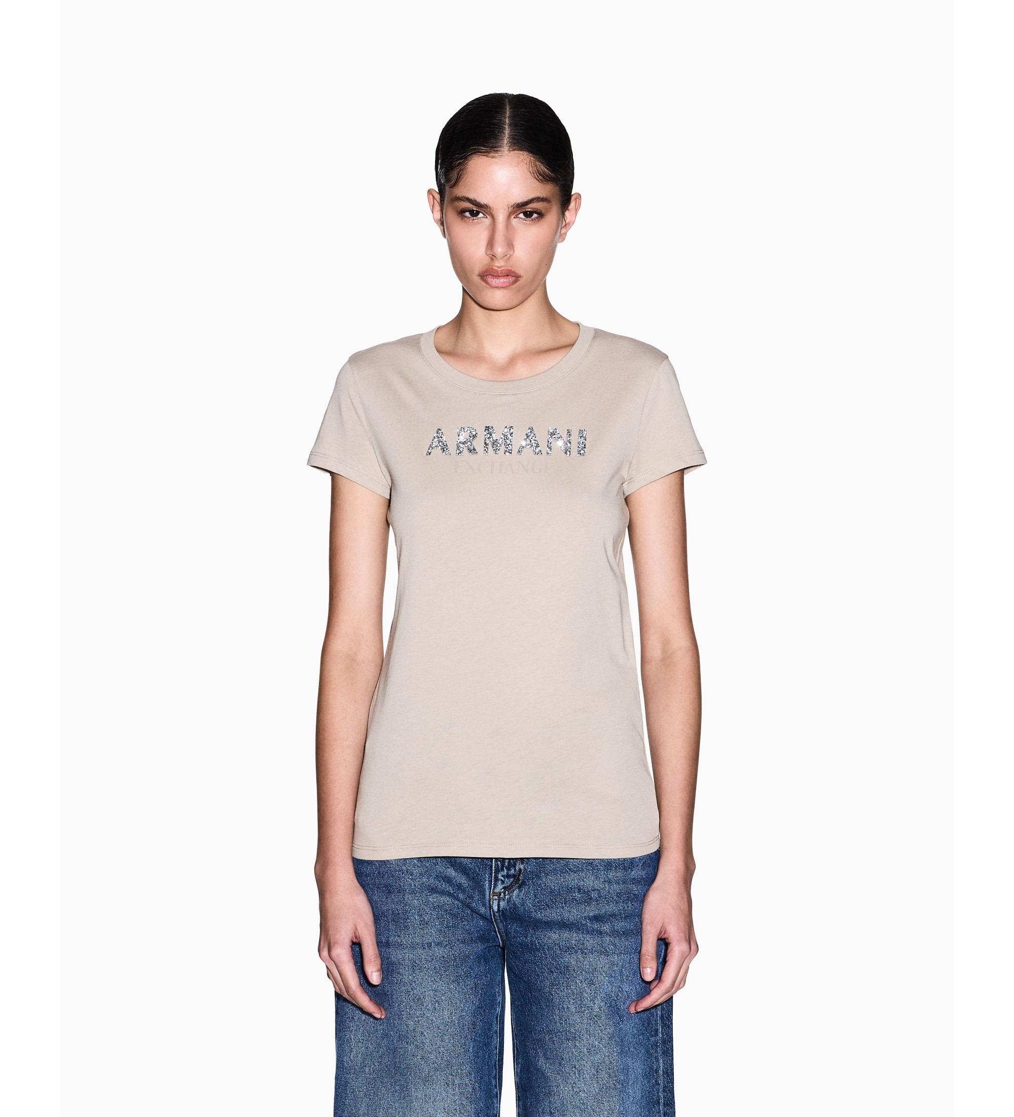 A|X Armani Exchange für Damen. XW002106AF10356U6223 Beigefarbenes T-Shirt mit schmaler Passform (XS), Lässig, Baumwolle, Kurzarm