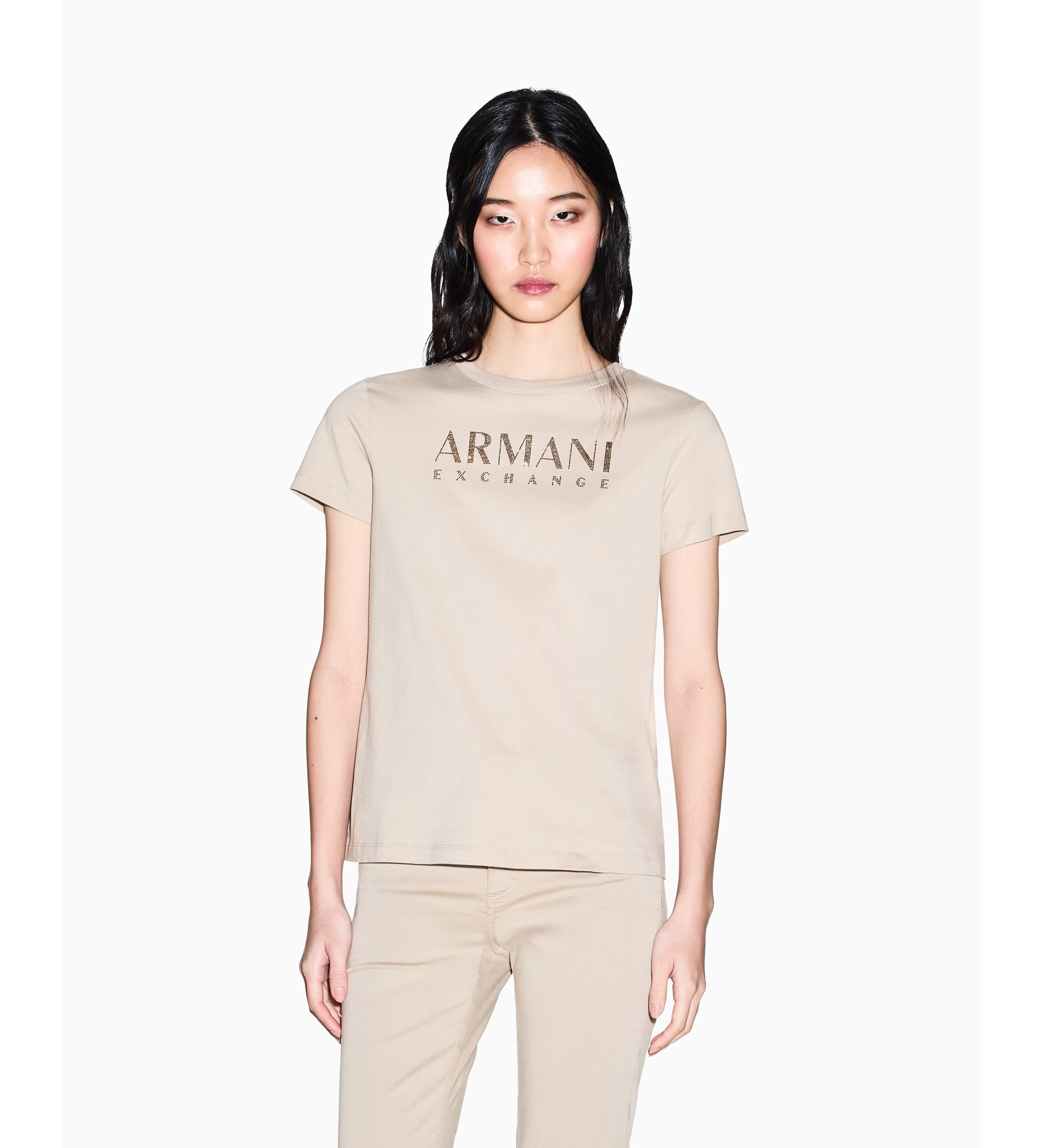 A|X Armani Exchange für Damen. XW002294AF17172U6223 Einfaches beigefarbenes T-Shirt (XL), Lässig, Baumwolle, Kurzarm