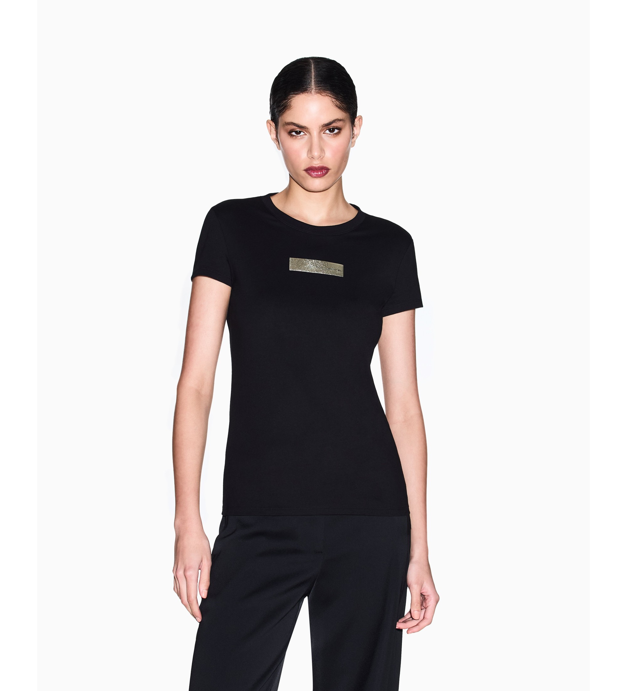 A|X Armani Exchange für Damen. XW002327AF10358UC001 Schwarzes Strick-T-Shirt (M), Lässig, Baumwolle, Kurzarm