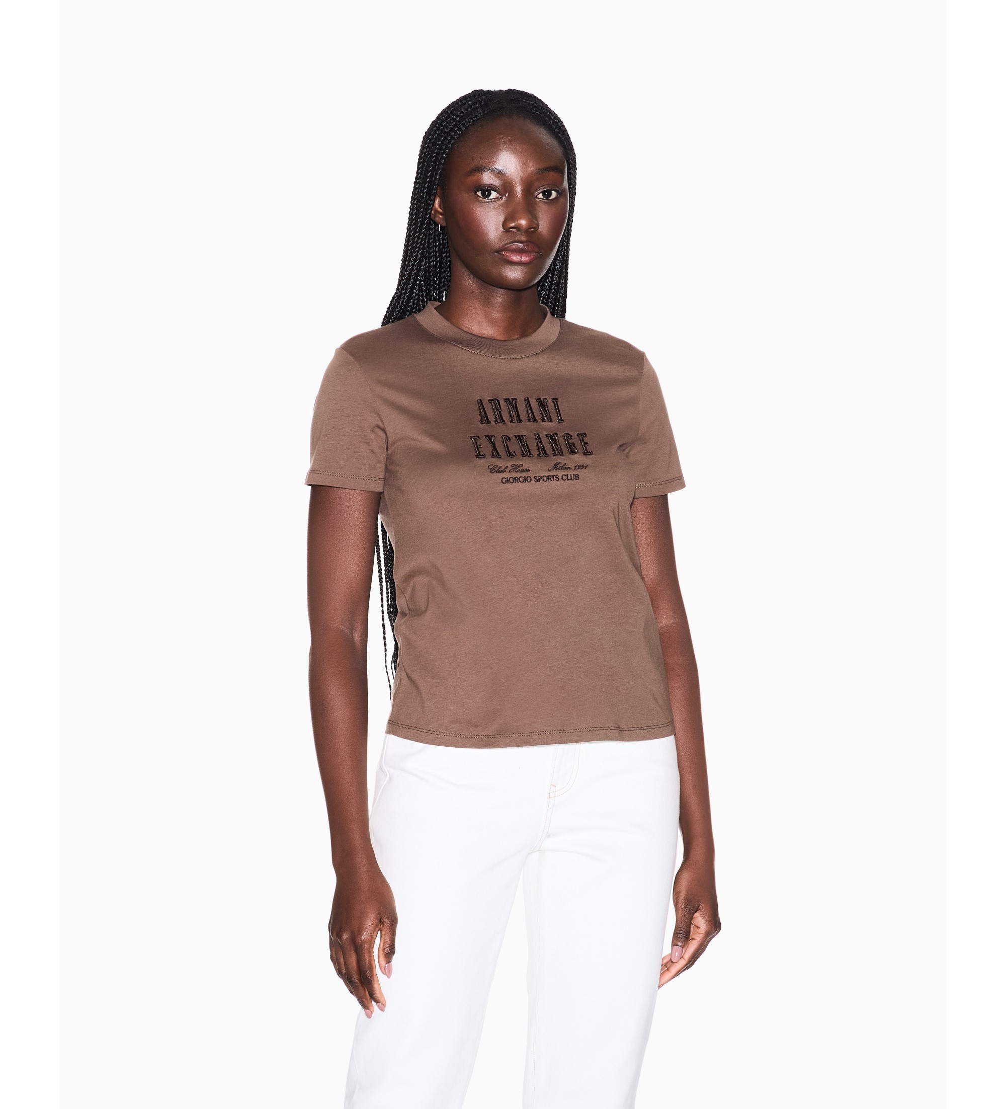 A|X Armani Exchange für Damen. XW002334AF10358U6136 Braunes kastenförmiges T-Shirt (XL), Lässig, Baumwolle, Kurzarm