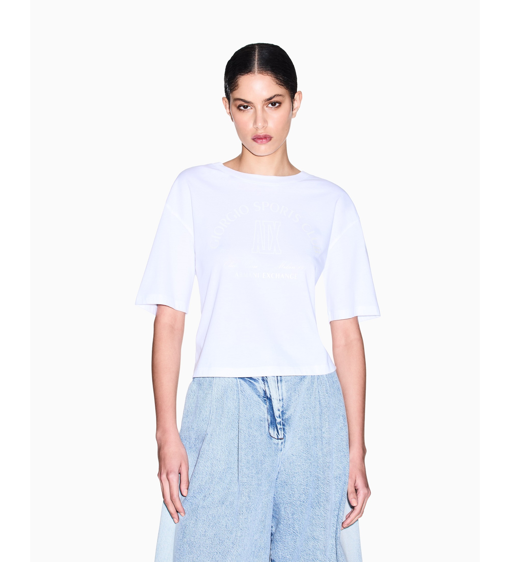 A|X Armani Exchange für Damen. XW002335AF10356U0002 Kurzes T-Shirt aus weißem Baumwollstrick (S), Lässig, Baumwolle, Langarm