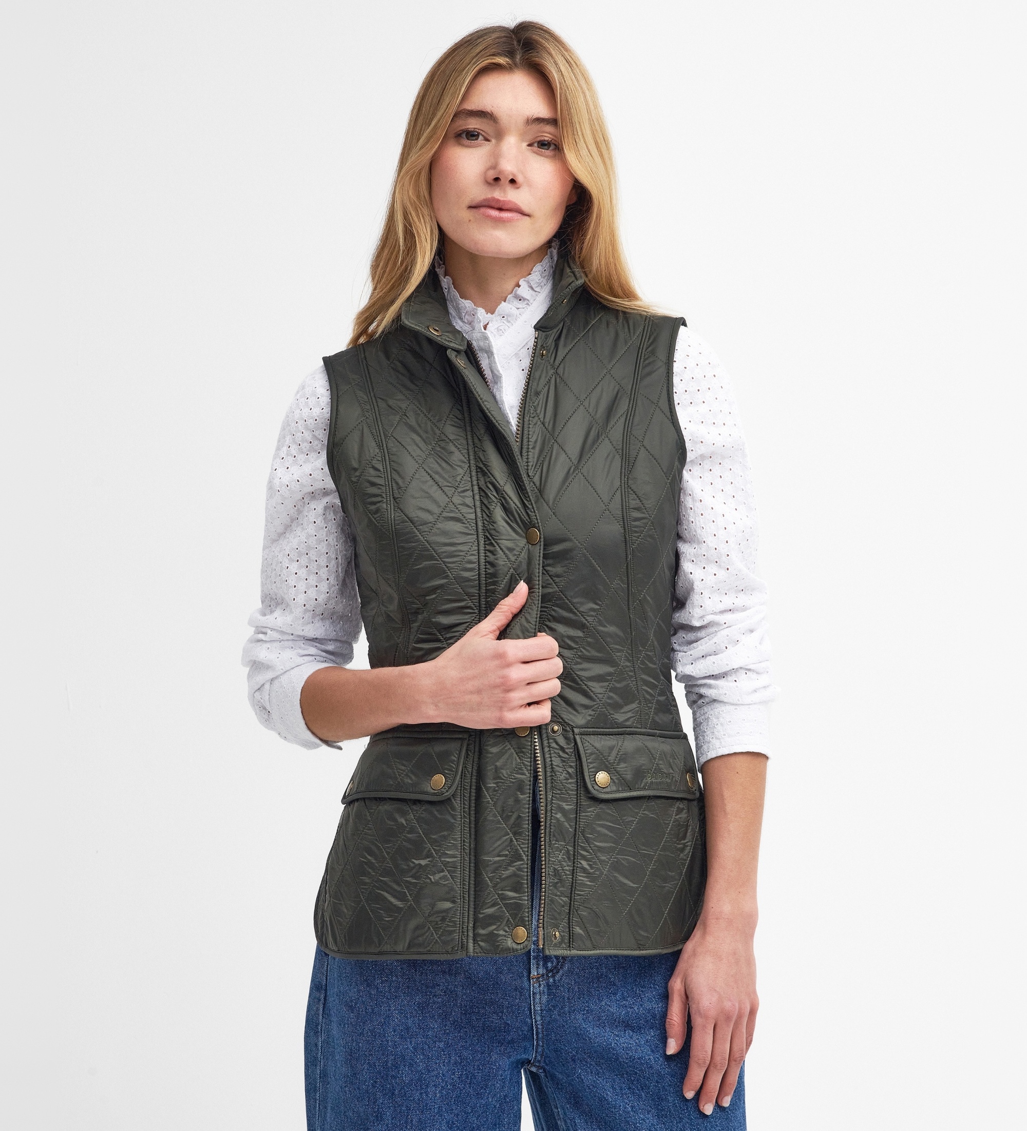 Barbour für Damen. LGI0017 Wray Quilted Weste grün (L), Lässig, Polyamid