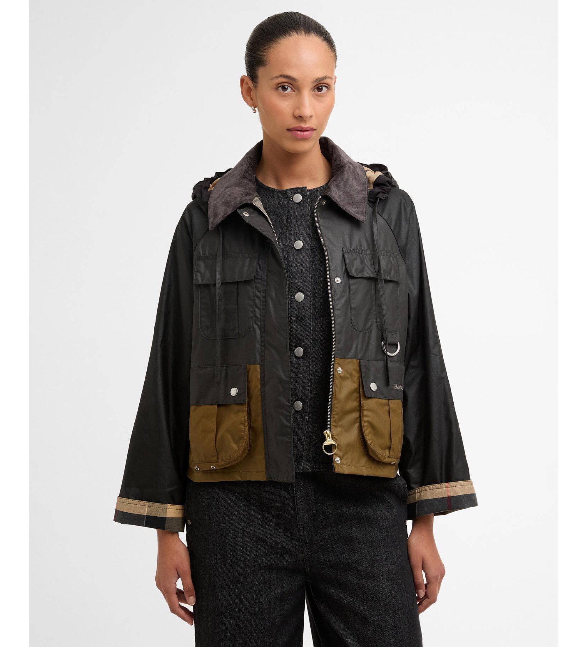 Barbourvoor vrouwen. LWX1530 Liza gewaxt jack zwart, bruin (M), Casual, Katoen