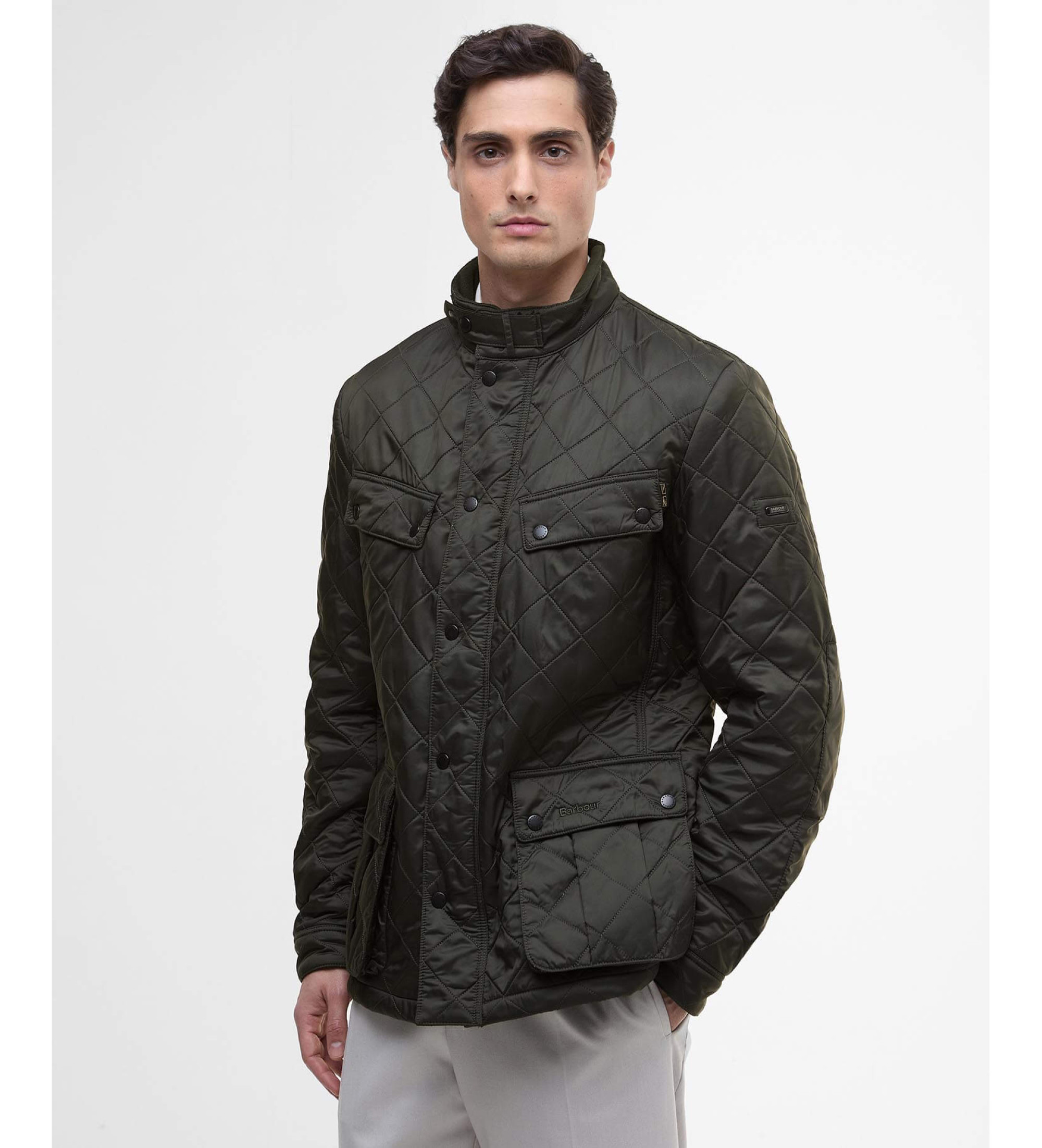 Barbour international für Herren. MQU0365 Dunkelbraune grüne Ariel-Jacke (L), Lässig, Polyester