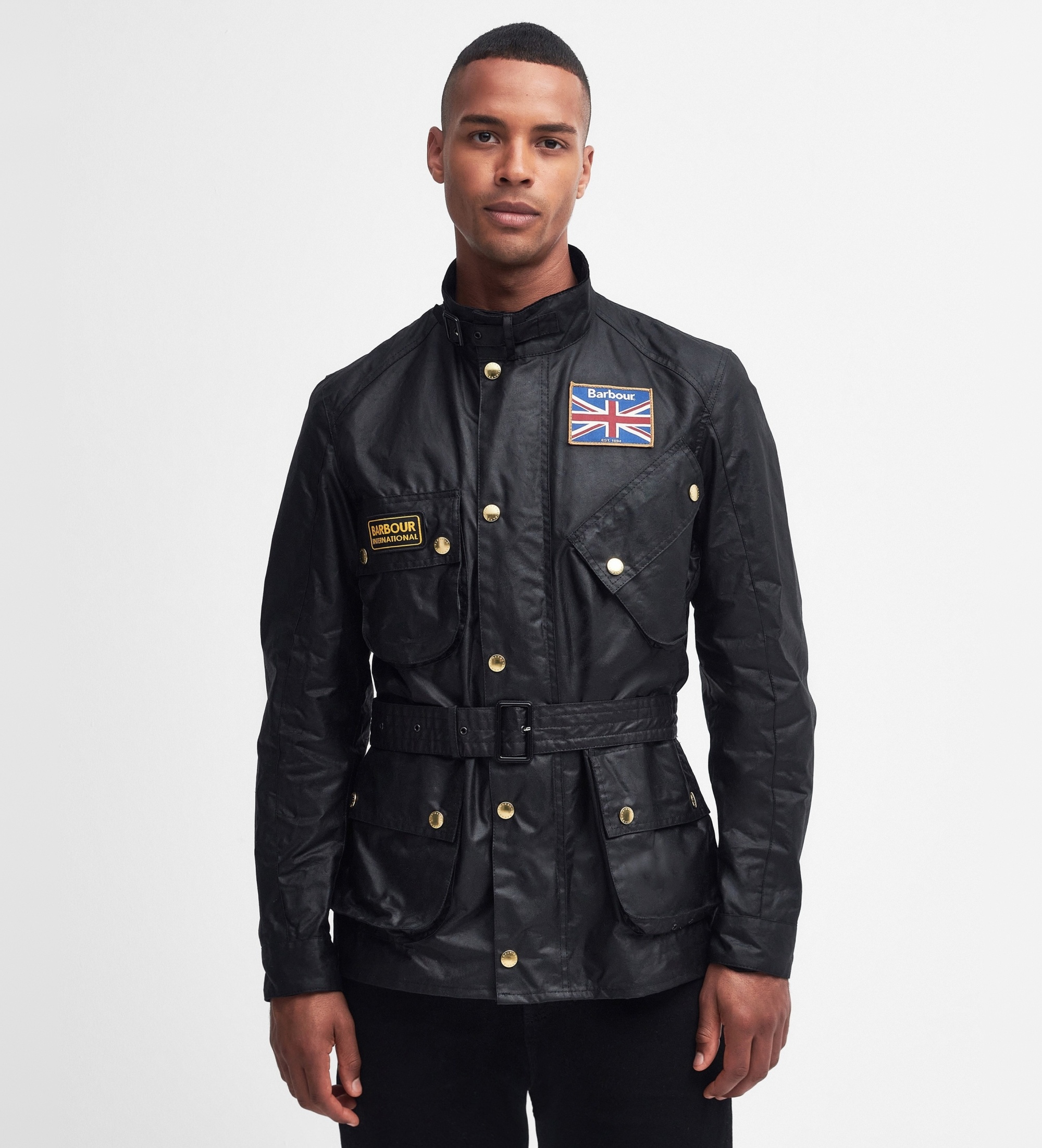Barbour für Herren. MWX0068 Union Jack International Wax Jacke schwarz (S), Lässig, Baumwolle