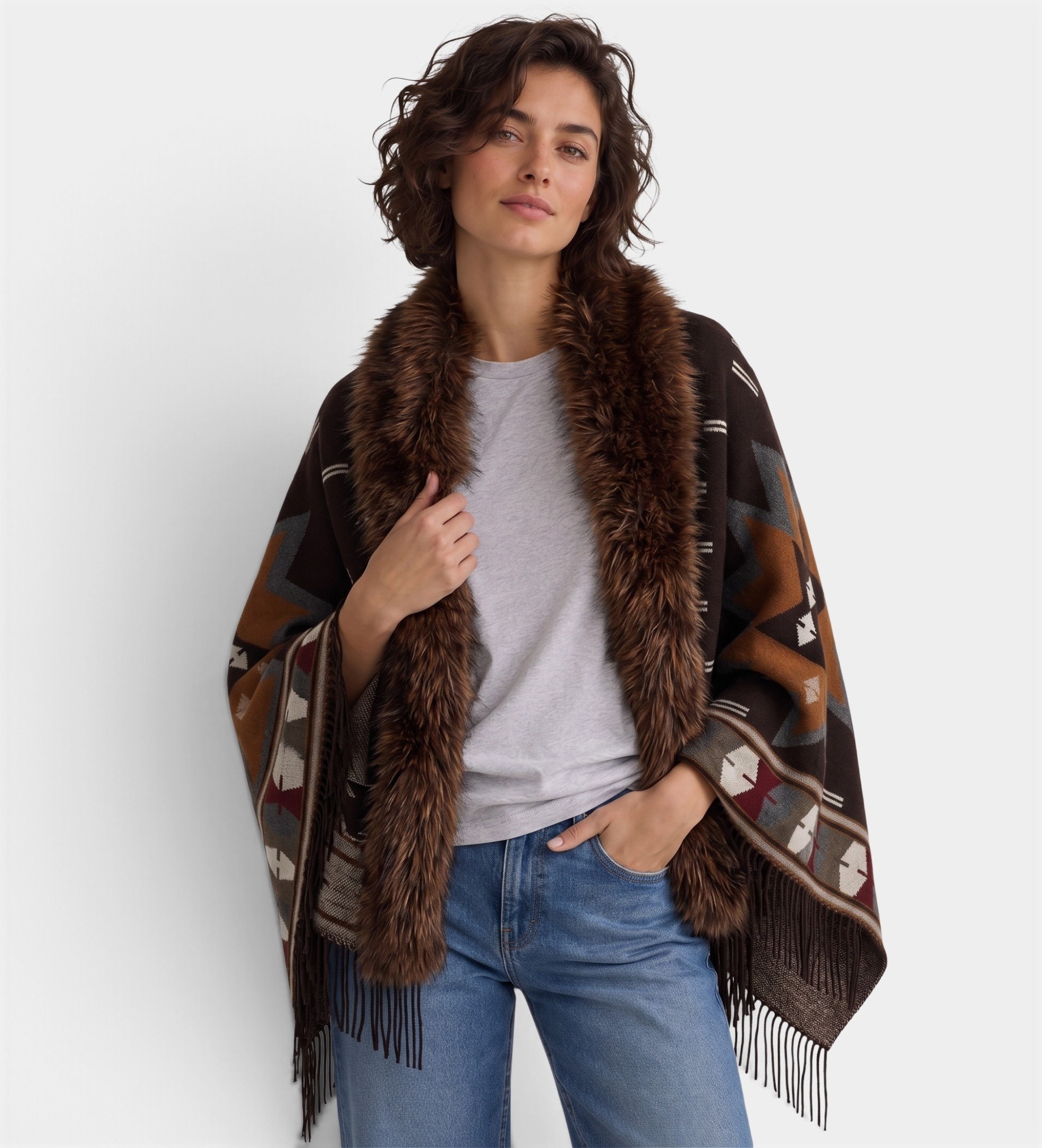 Bazar Deluxevoor vrouwen. STOLA Poncho met bruin bont (OSFA), Casual, Wol