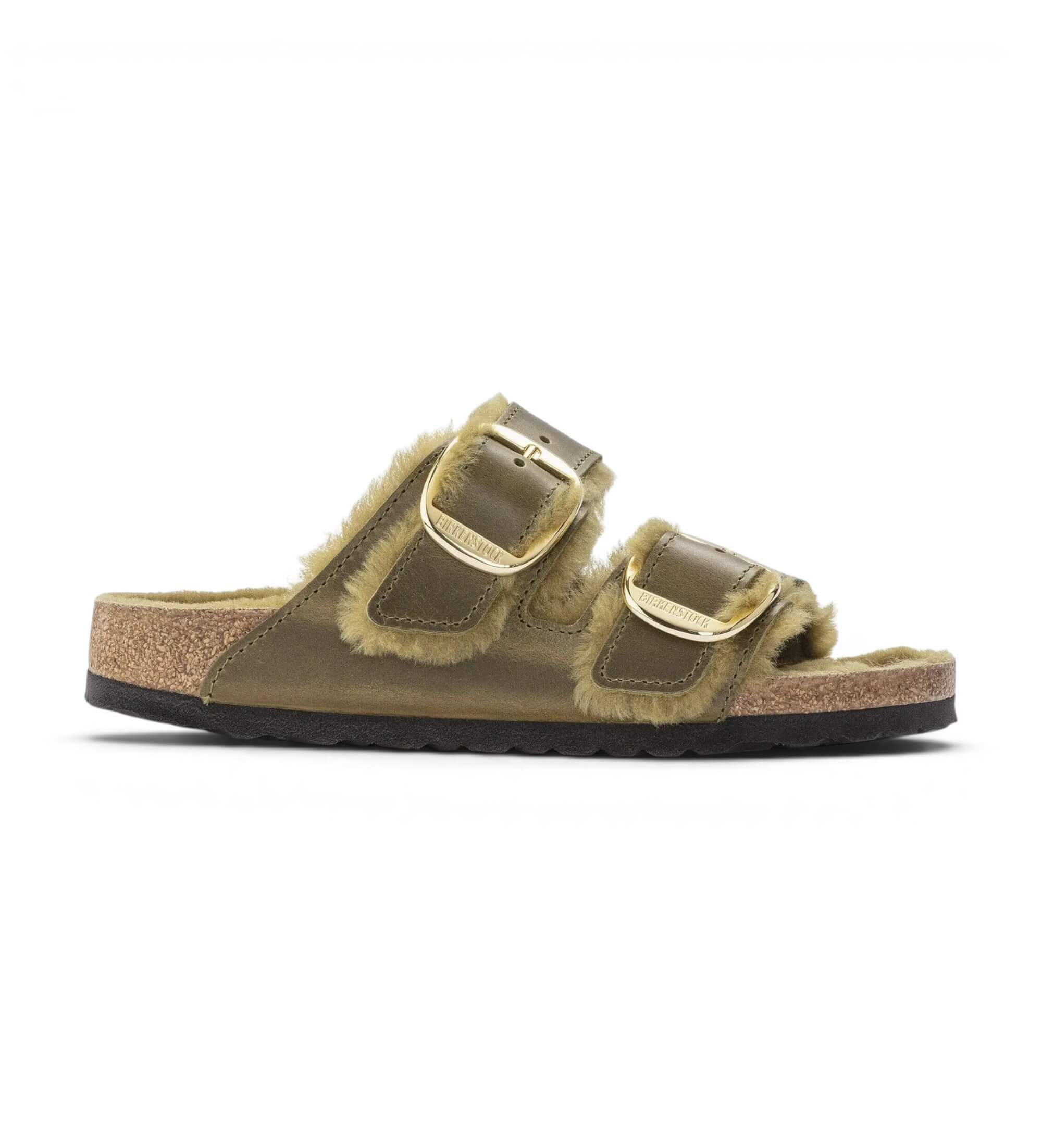 Birkenstock für Damen. 1023240 Sandalen Arizona Big Buckle Lammfell (Schmale Passform) olivgrün (41), Braun, Wohnung, Schnalle, Lässig