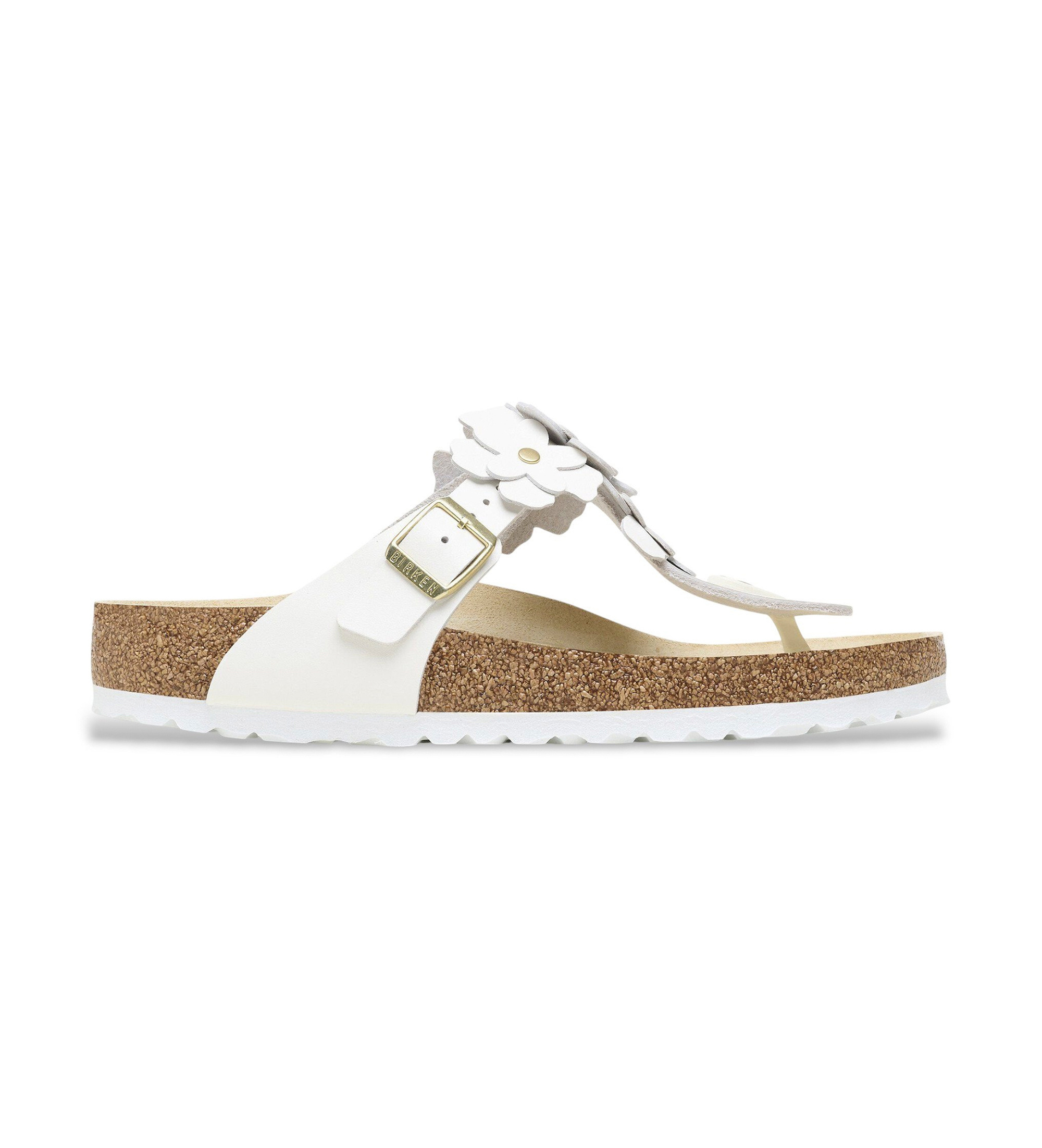 Birkenstock für Damen. 1026735 Sandalen aus Leder Gizeh Flower Embellishment (Schmale Passform) weiß (39), Wohnung, Schnalle, Lässig