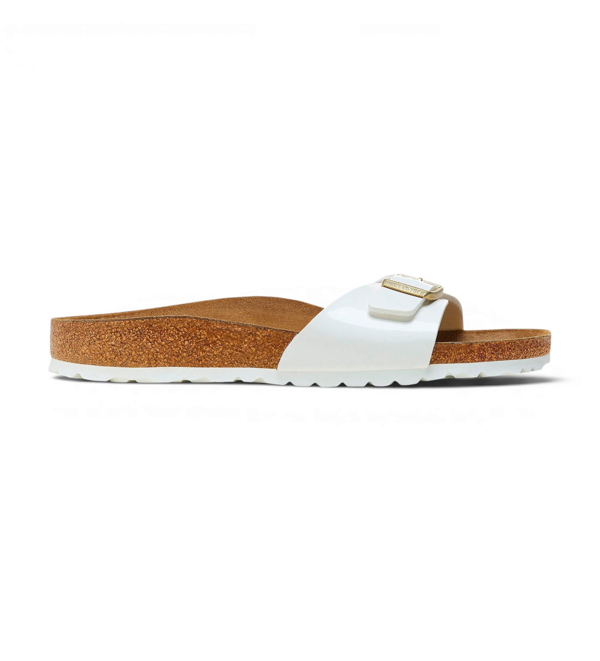 Birkenstock für Damen. 1005310 Sandalen aus Leder Madrid Birko-Flor Patent (Schmale Passform) weiß (38), Wohnung, Keine, Lässig, Lackleder