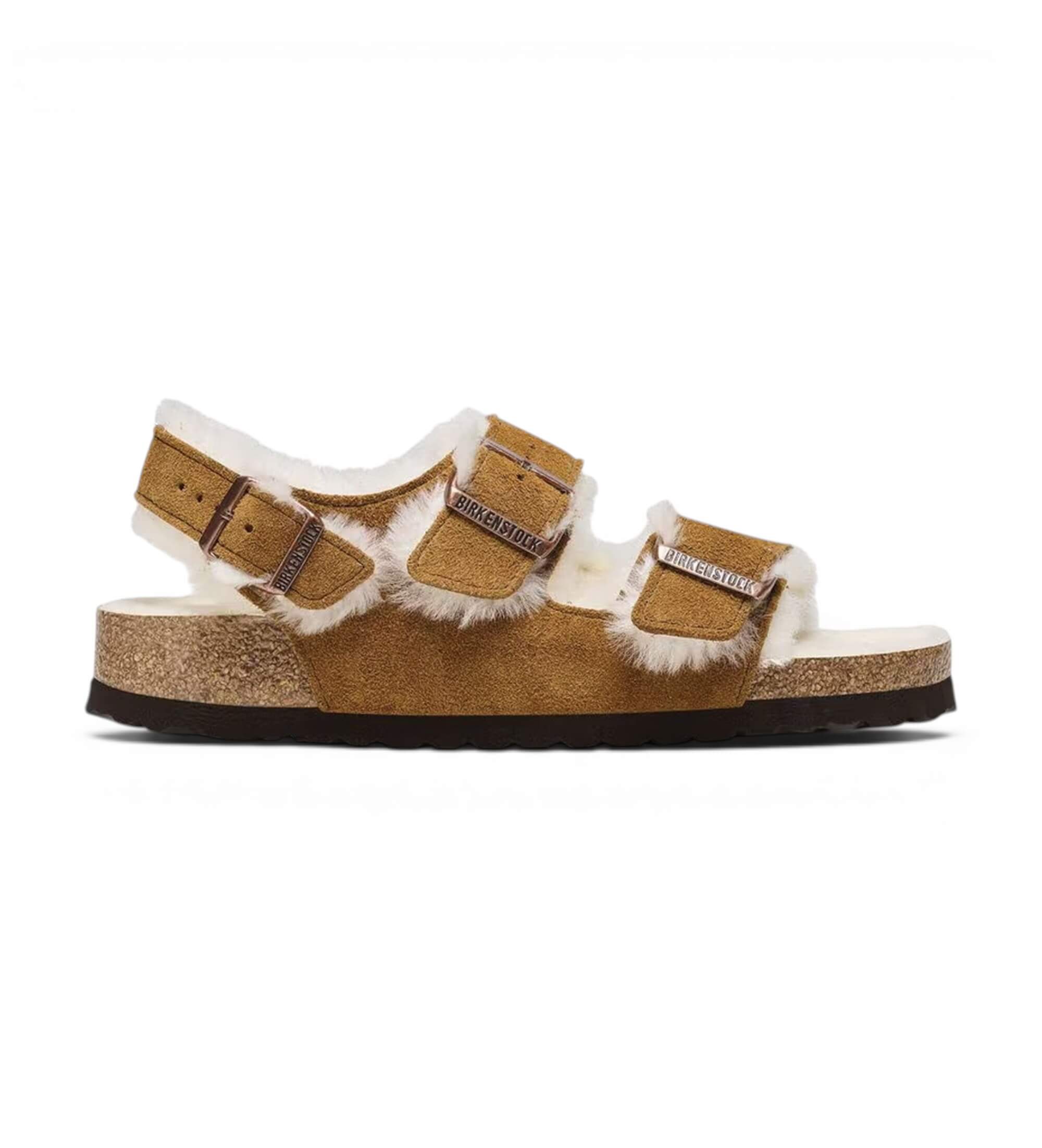 Birkenstock für Damen. 1025515 Sandalias Milano Shearling Wildleder (Schmale Passform) braun (38), Wohnung, Schnalle, Lässig
