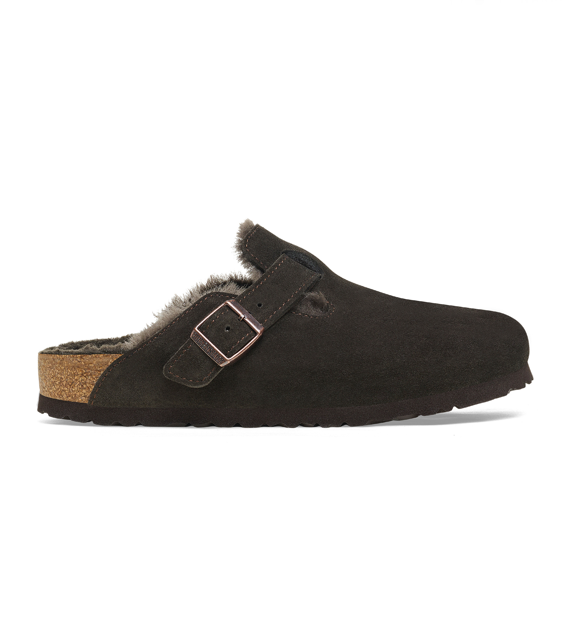 Birkenstock für Damen. 1020529 Leder-Clogs Boston Shearling (Schmale Passform) braun (41), Wohnung, Wildleder, Schnalle, Lässig