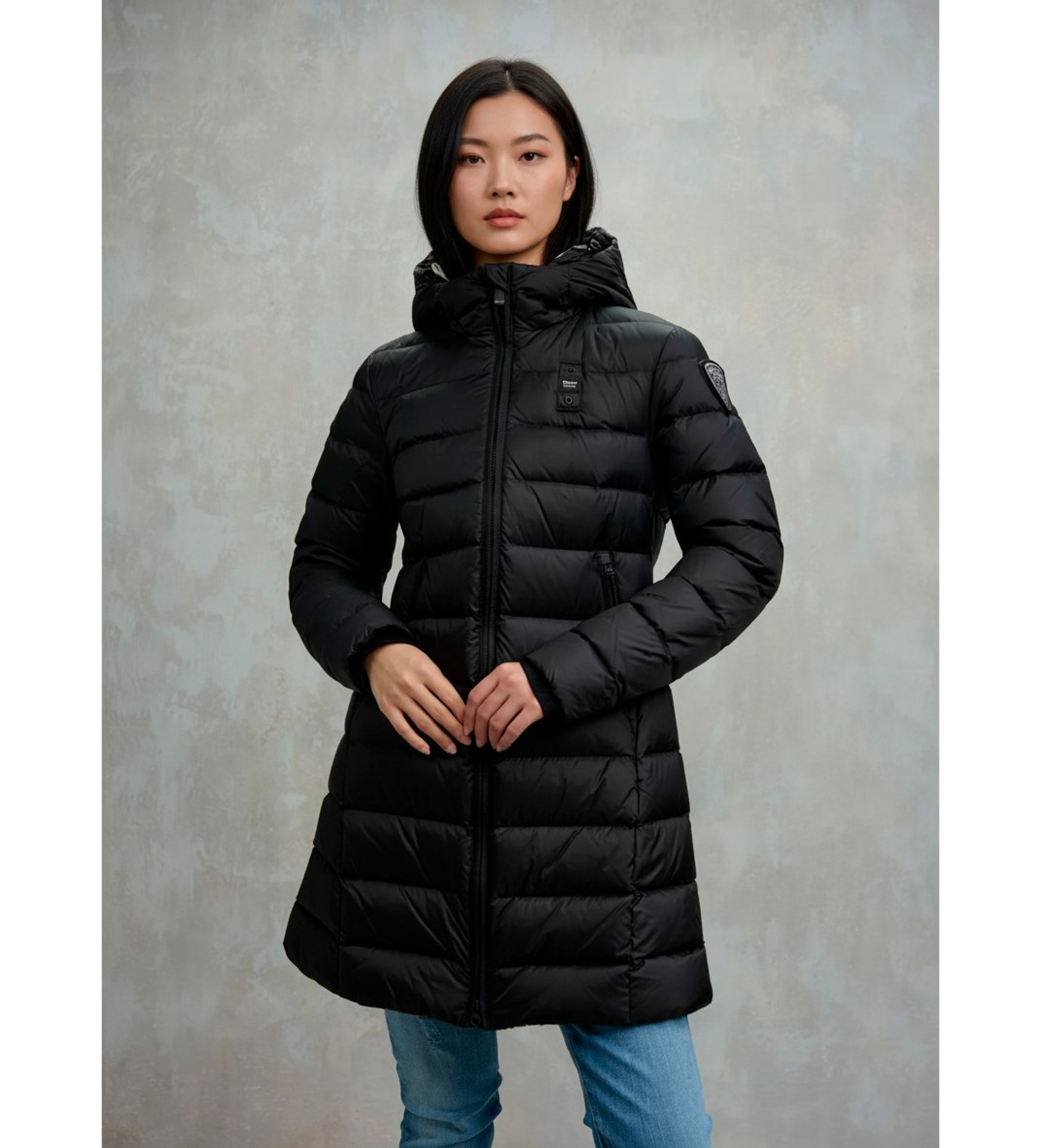 Blauer für Damen. 25WBLDK03102 Agnes langer Mantel schwarz (M), Lässig, Polyamid