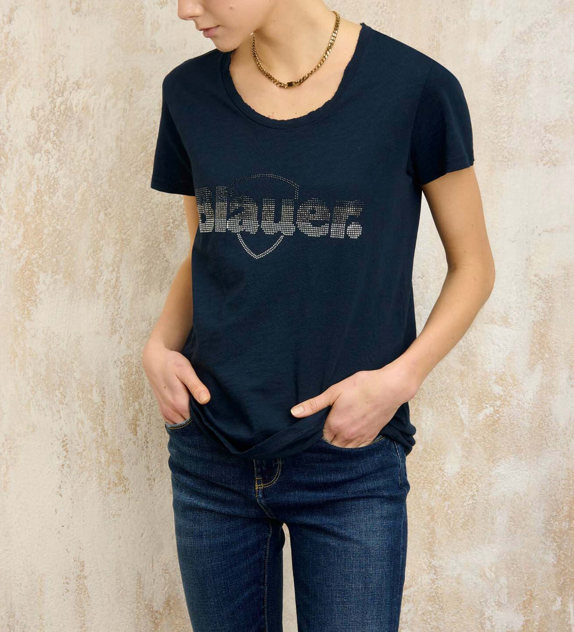 Blauer für Damen. 25SBLDH02372 Graham navy glitzer t-shirt (L), Lässig, Baumwolle, Kurzarm, Marine