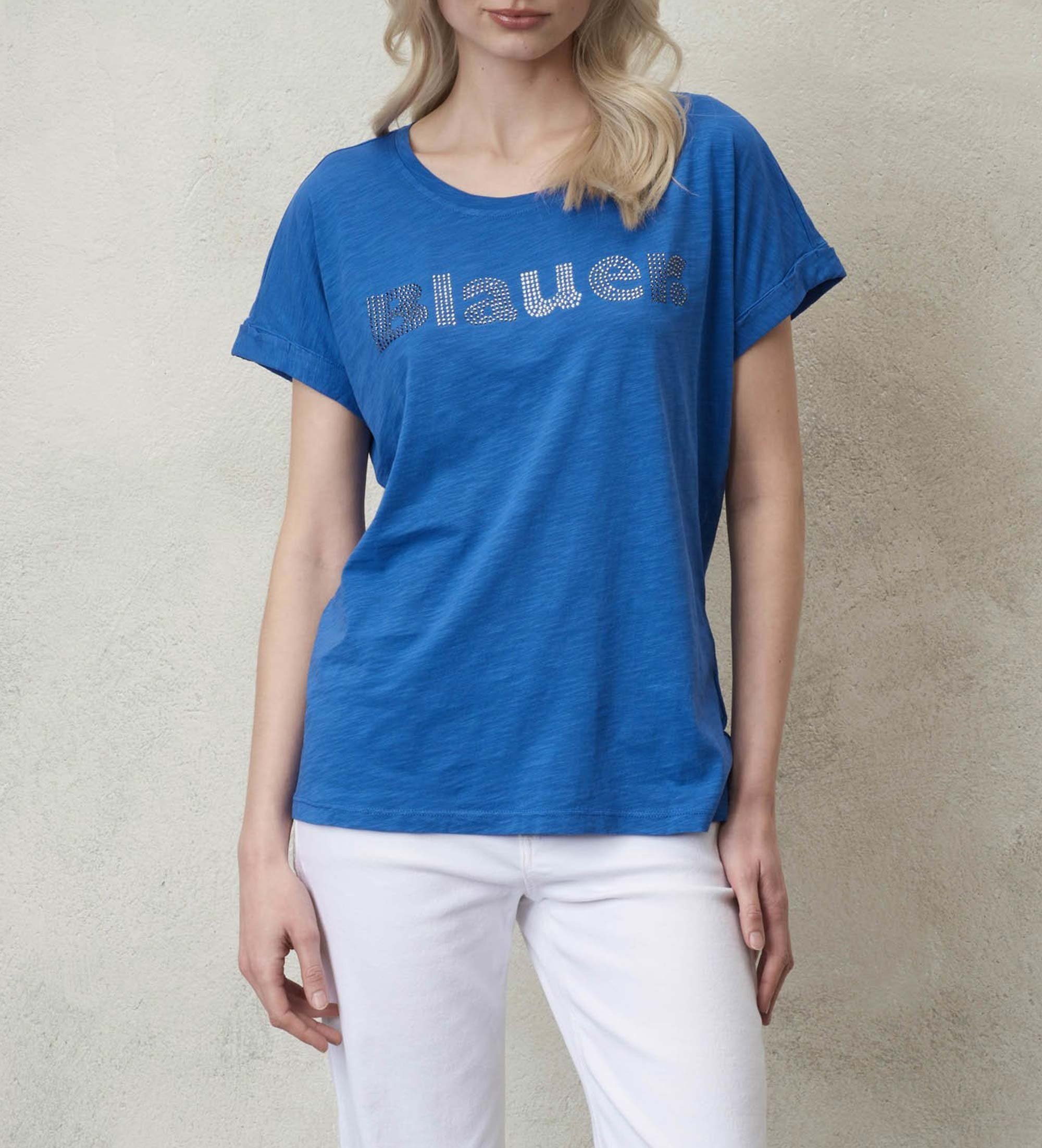 Blauer für Damen. 24SBLDH02336 Blaues Glitzer-T-Shirt (S), Lässig, Baumwolle, Kurzarm