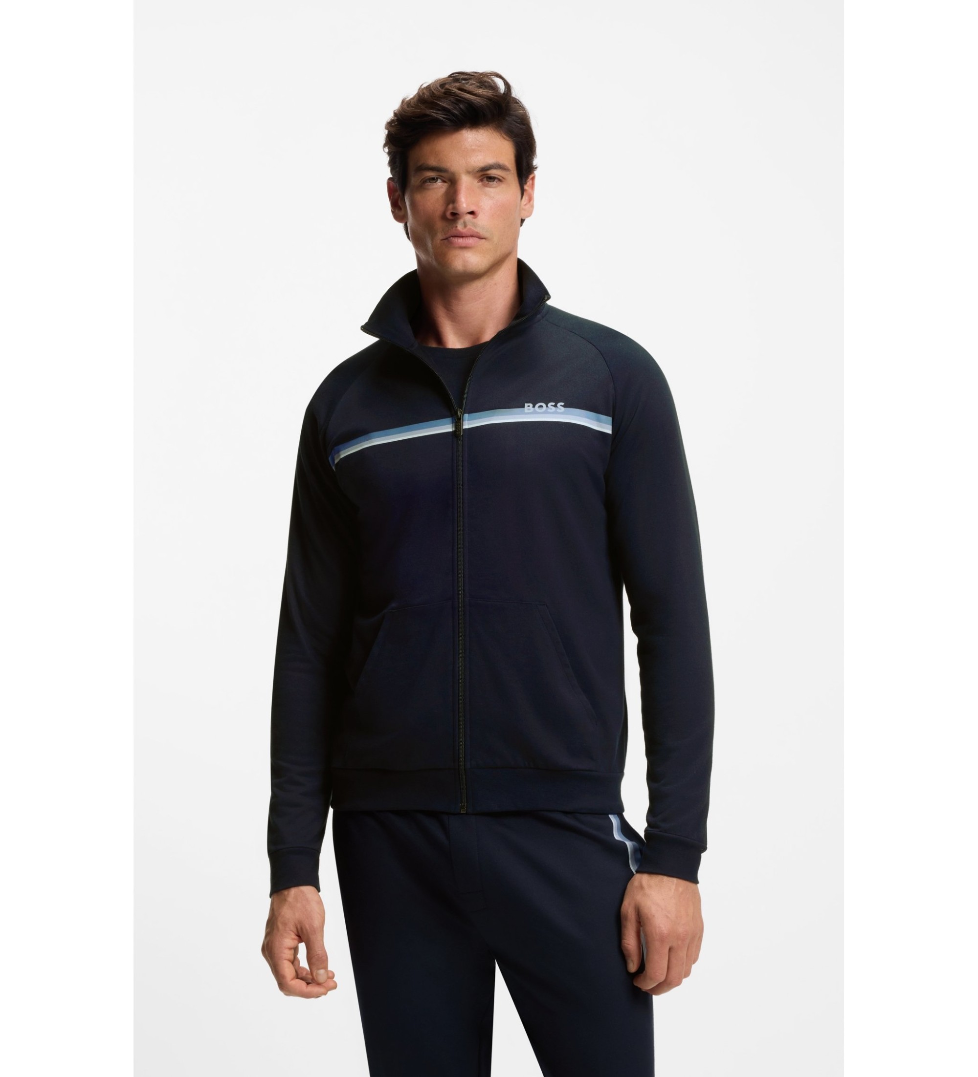 BOSSvoor mannen. 50554779 Marineblauw badstof fleecejack (L), Casual, Sportief, Katoen