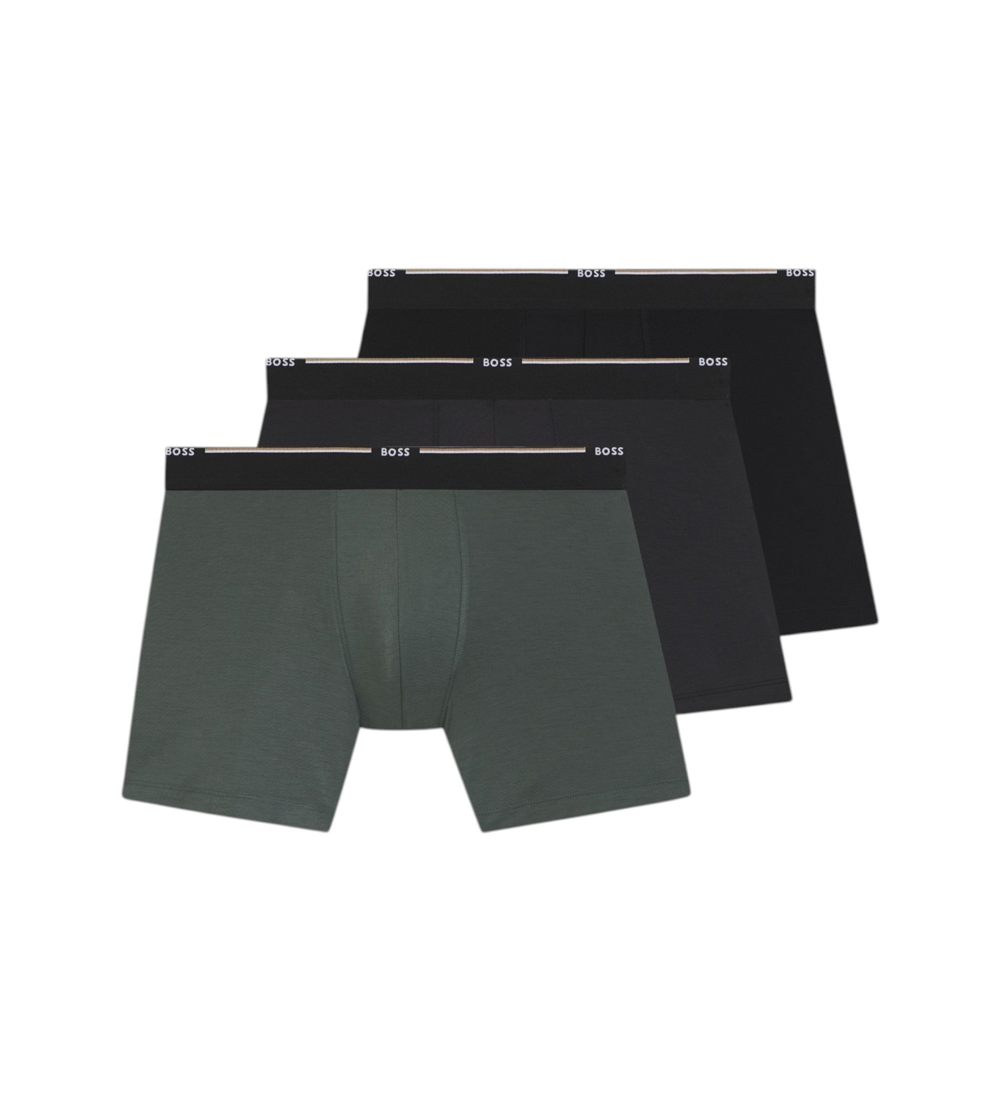 BOSS für Herren. 50534503 3er-Set einfarbige Boxershorts schwarz, grün, grau (M), Heimtextilien, Baumwolle