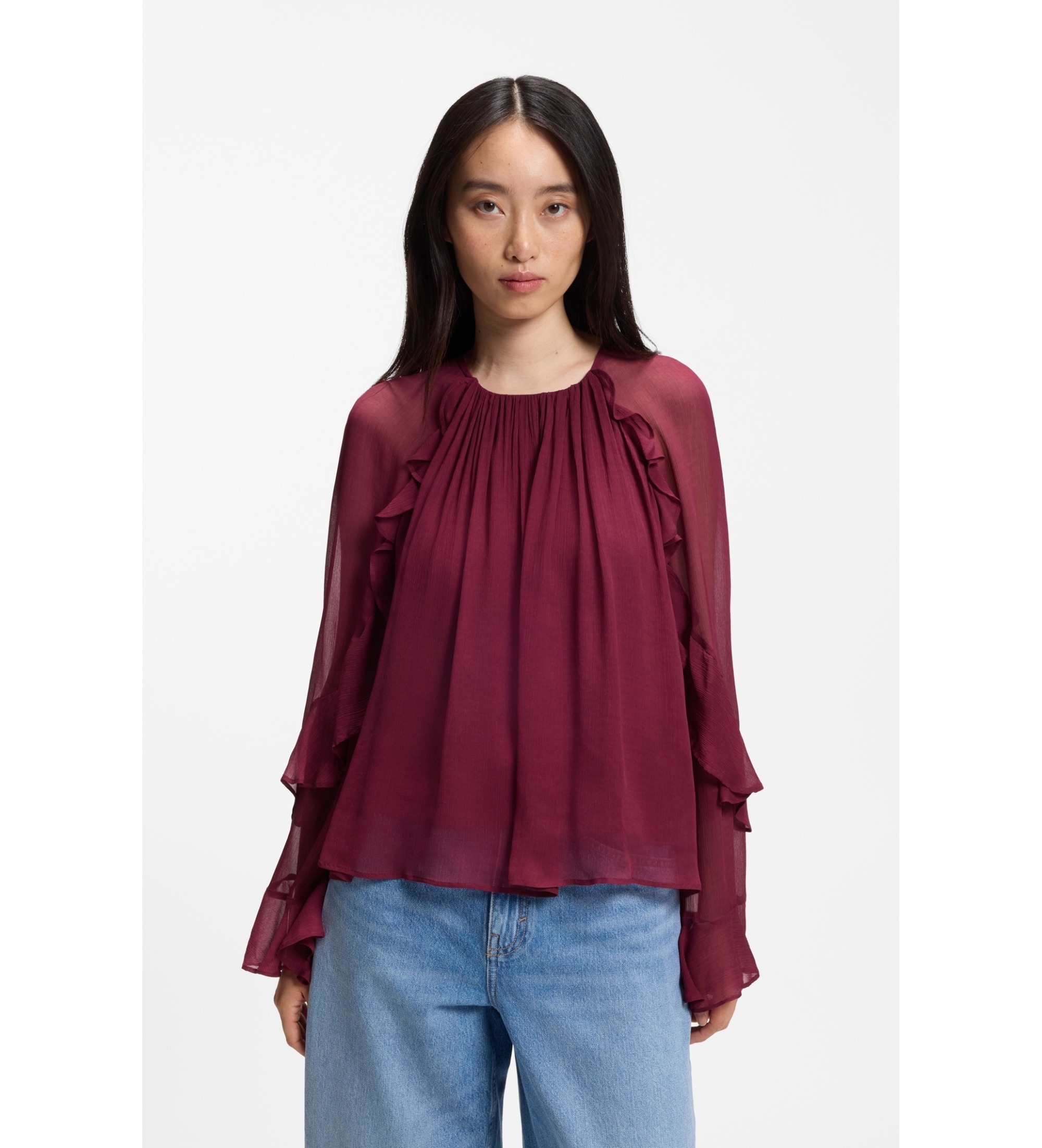 BOSS für Damen. 50573224 Bluse Bradia weinrot (36), Lässig, Kastanienbraun, Viskose, Langarm