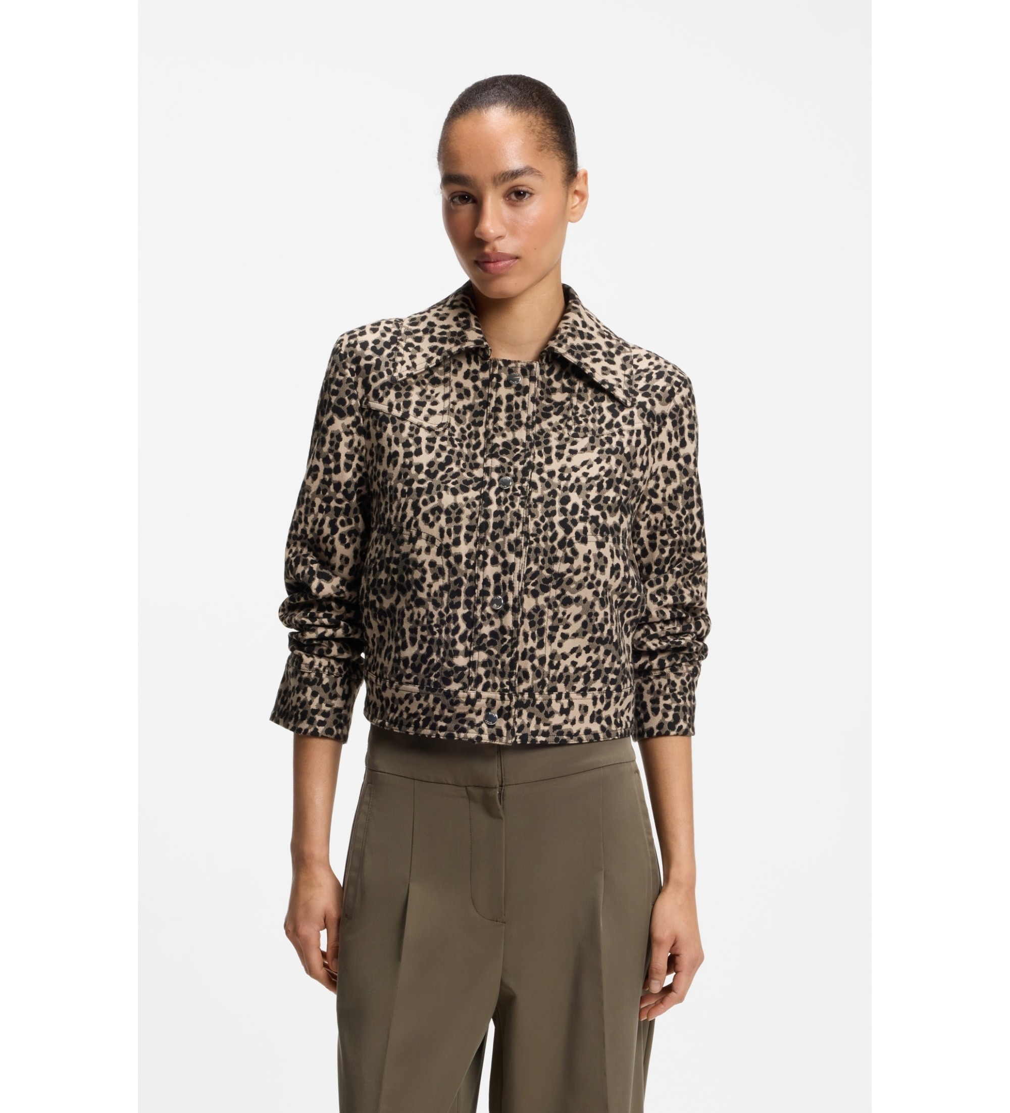 BOSS für Damen. 50563276 Jacke Janima mit Animal-Print-Muster (40), Beige, Lässig, Tierdruck, Baumwolle