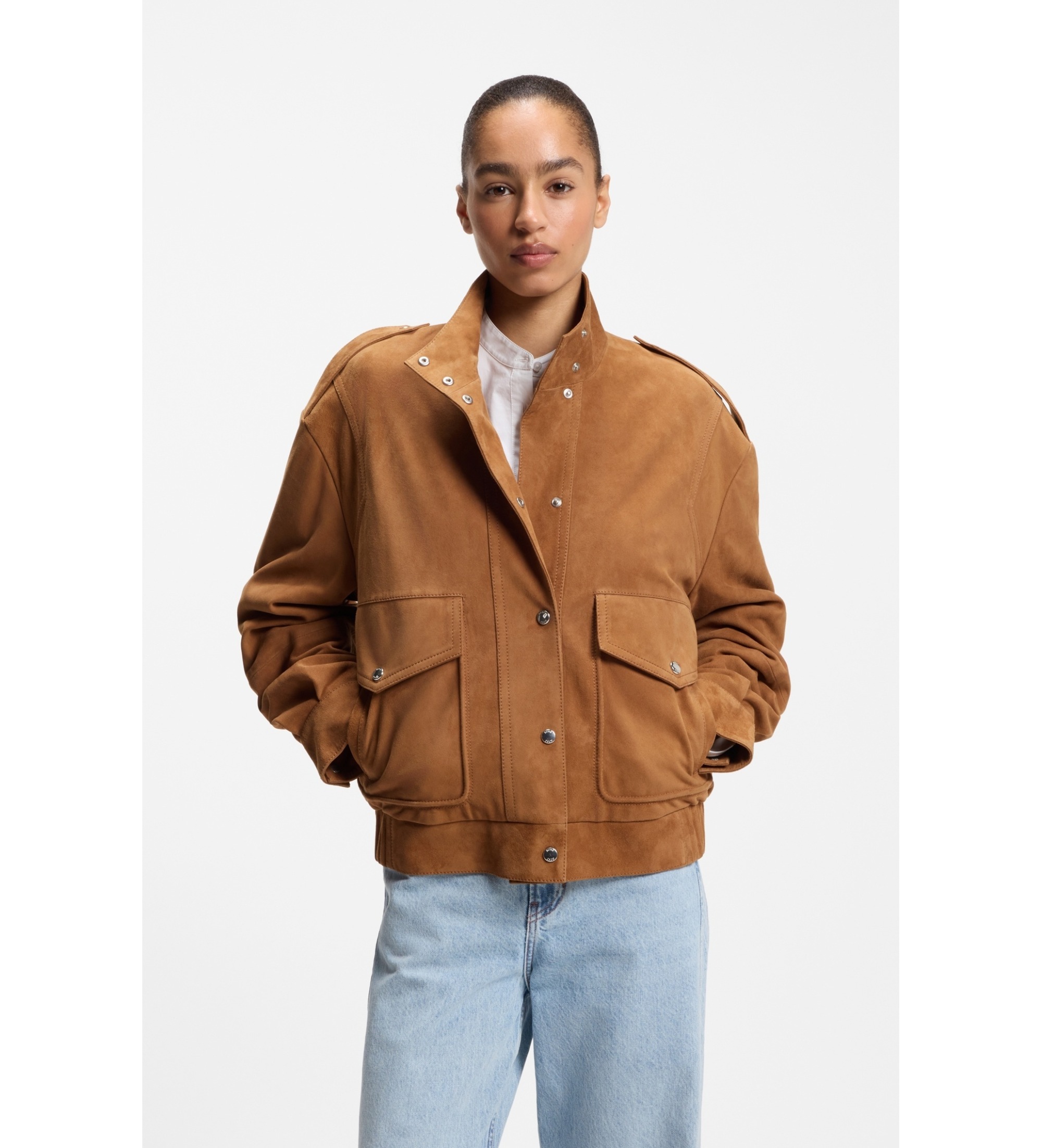 BOSS für Damen. 50562753 Braune Sabea Lederjacke (36), Lässig, Wildleder