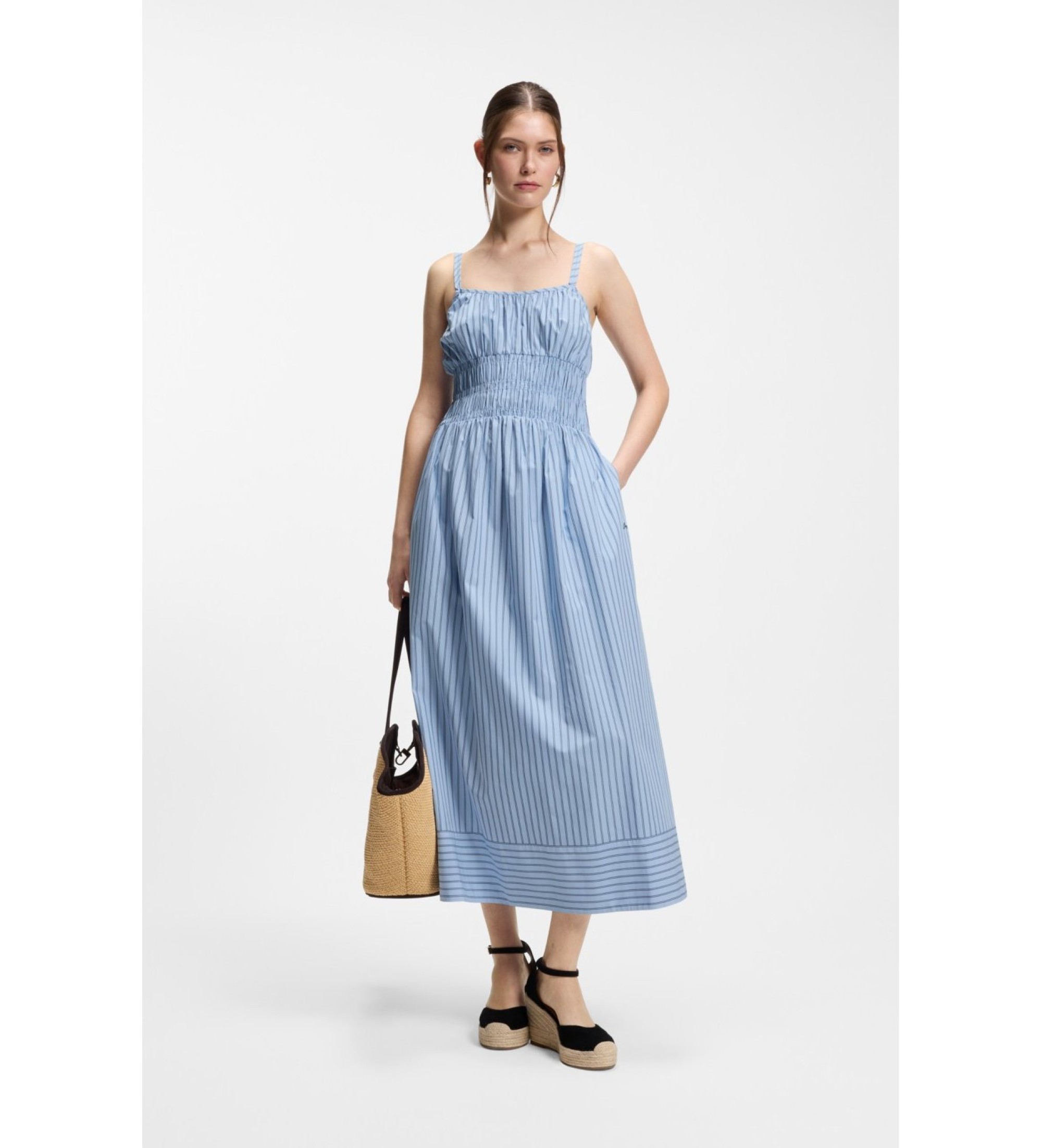 BOSS für Damen. 50559218 Kleid aus Baumwollpopeline mit vertikalen Streifen blau (36), Lässig, Baumwolle, Klassisch, Ärmellos / Hosenträger