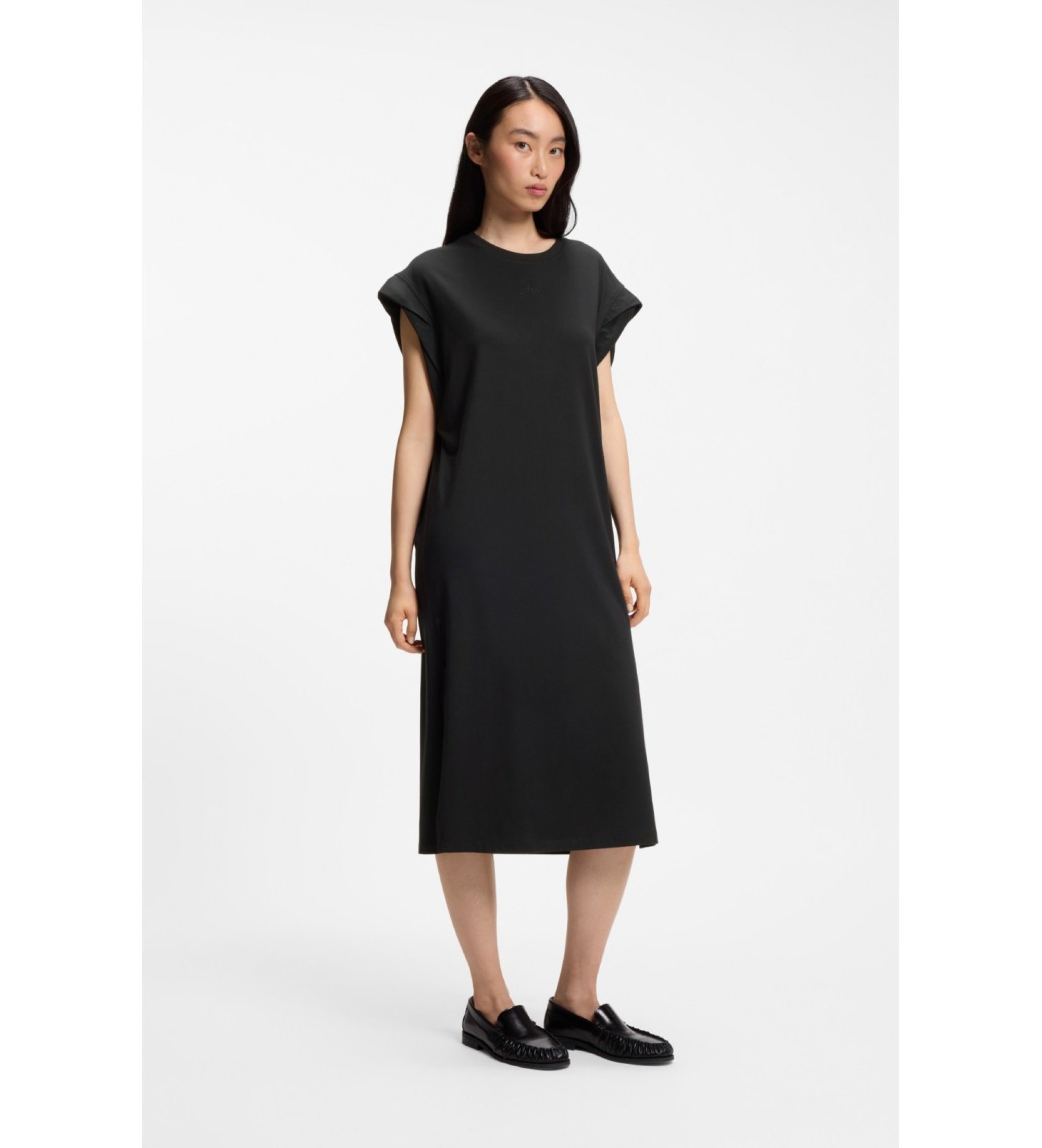 BOSS für Damen. 50540442 Schwarzes Strickkleid mit langen Ärmeln (M), Lässig, Modal, Kurzarm