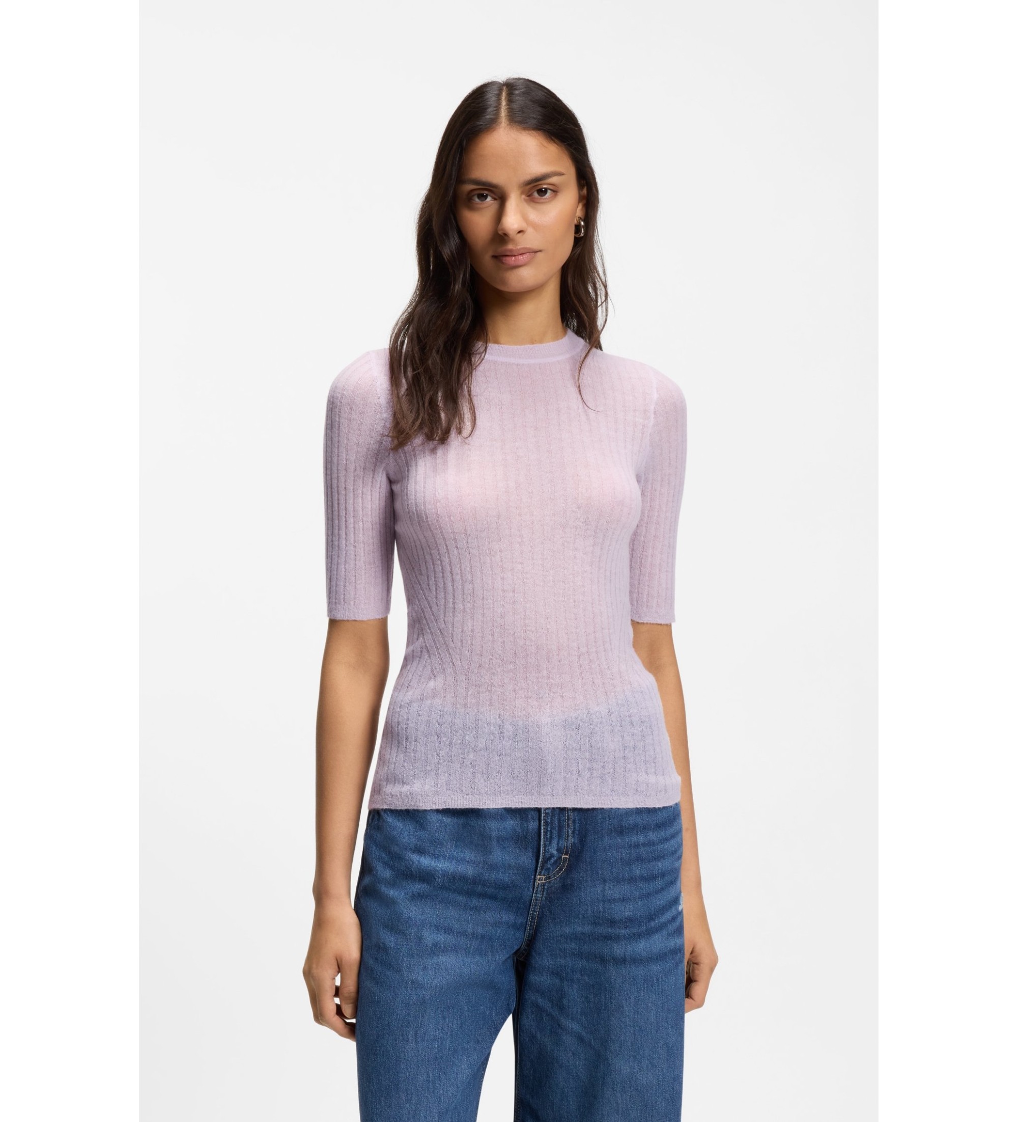 BOSS für Damen. 50556568 Fliederfarbener Pullover aus gerippter Wollmischung (M), Wolle, Klassisch