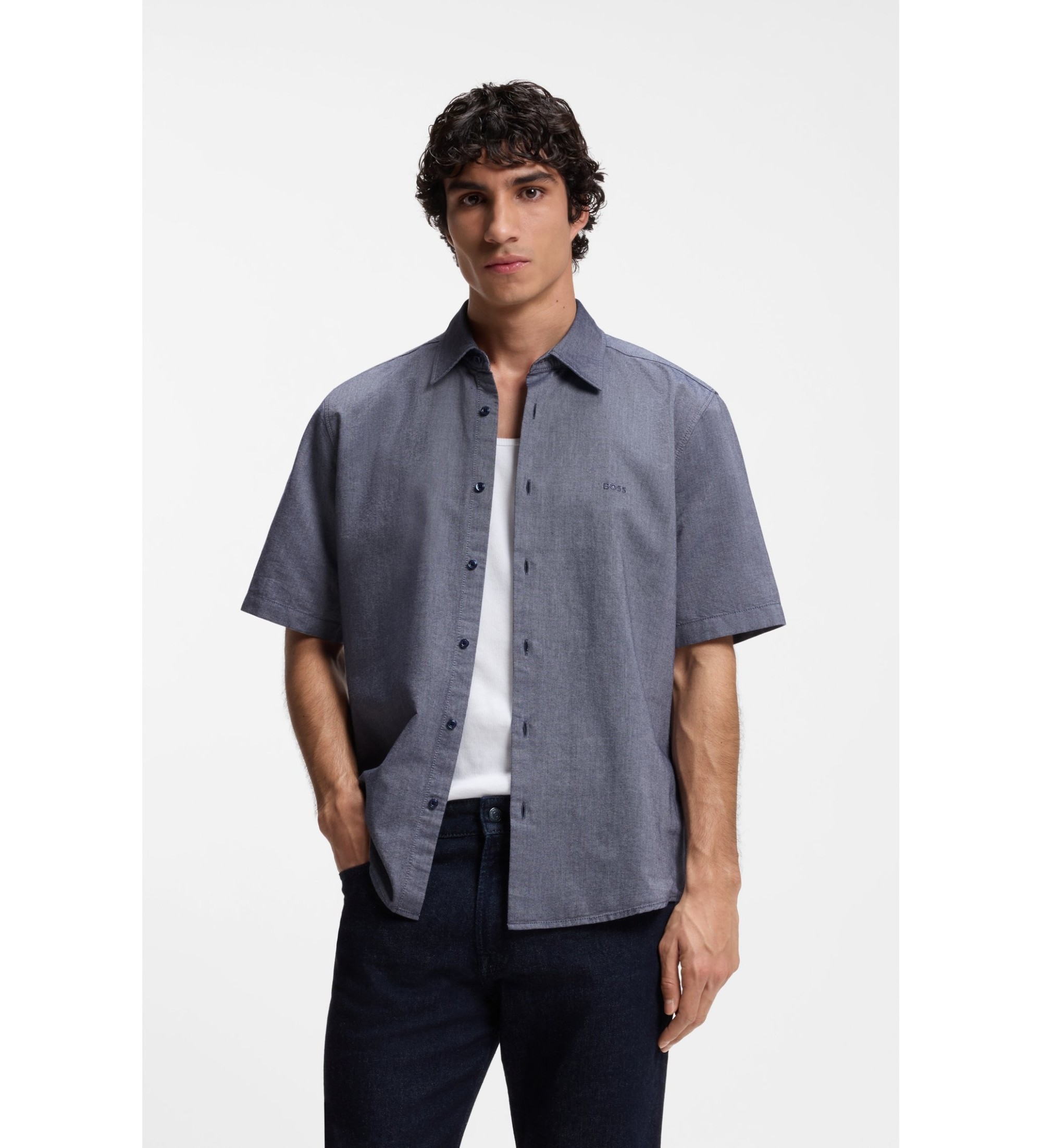 BOSSvoor mannen. 50537332 Overhemd Regular Fit Katoen Oxford marine (S), Casual, Polyester, Korte mouwen, Marineblauw