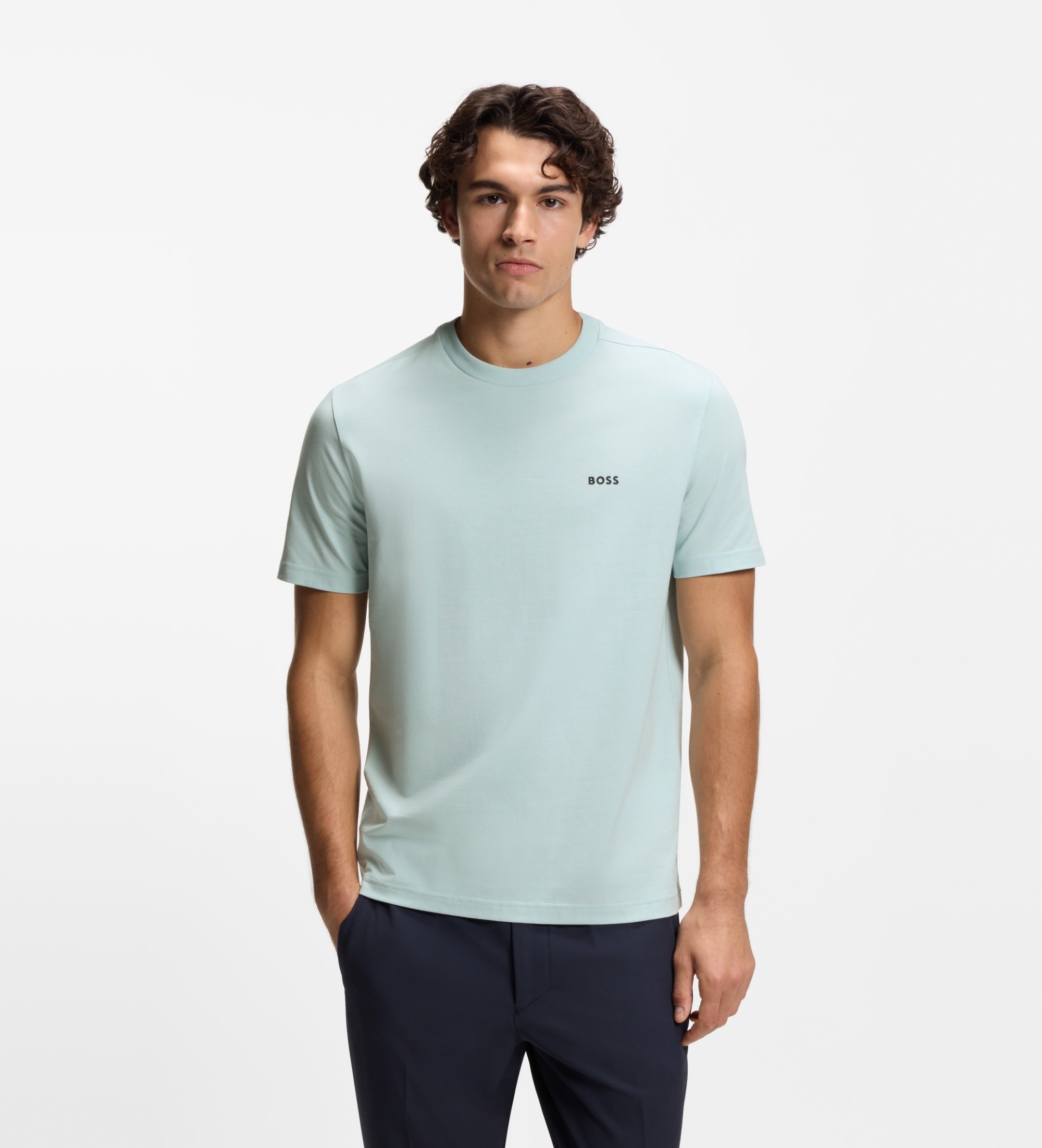 BOSSvoor mannen. 50506373 Elastisch katoenen T-shirt met turkoois detail (M), Casual, Korte mouwen, Turquoise