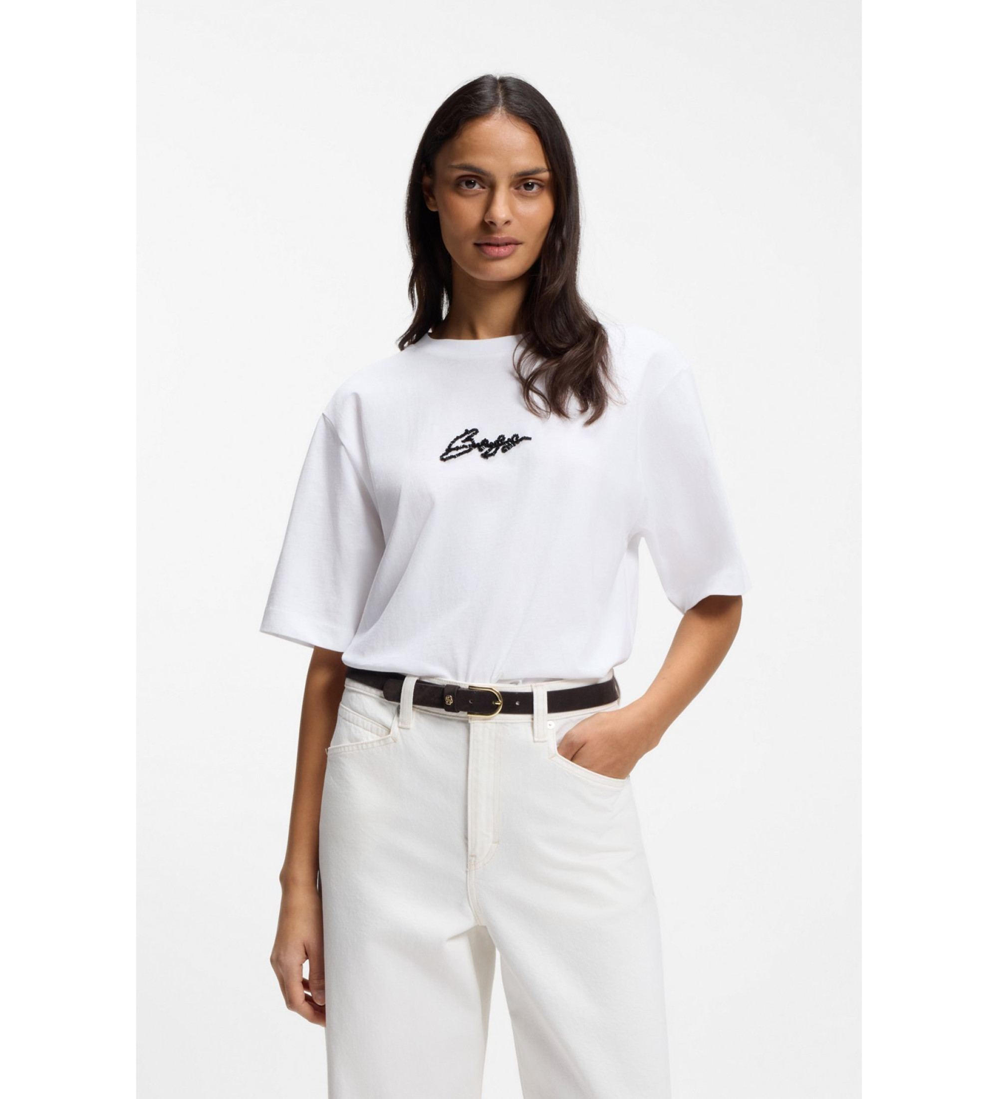 BOSS für Damen. 50559075 Unregelmäßiges T-shirt weiß (XS), Lässig, Baumwolle, Kurzarm