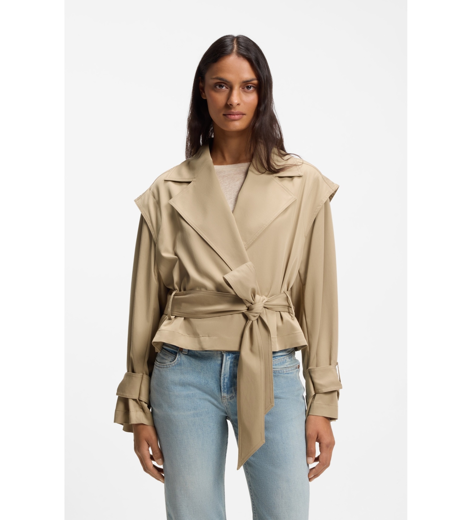 BOSS für Damen. 50556385 Kurzer Trenchcoat mit beigem Gürtel (42), Lässig, Viskose
