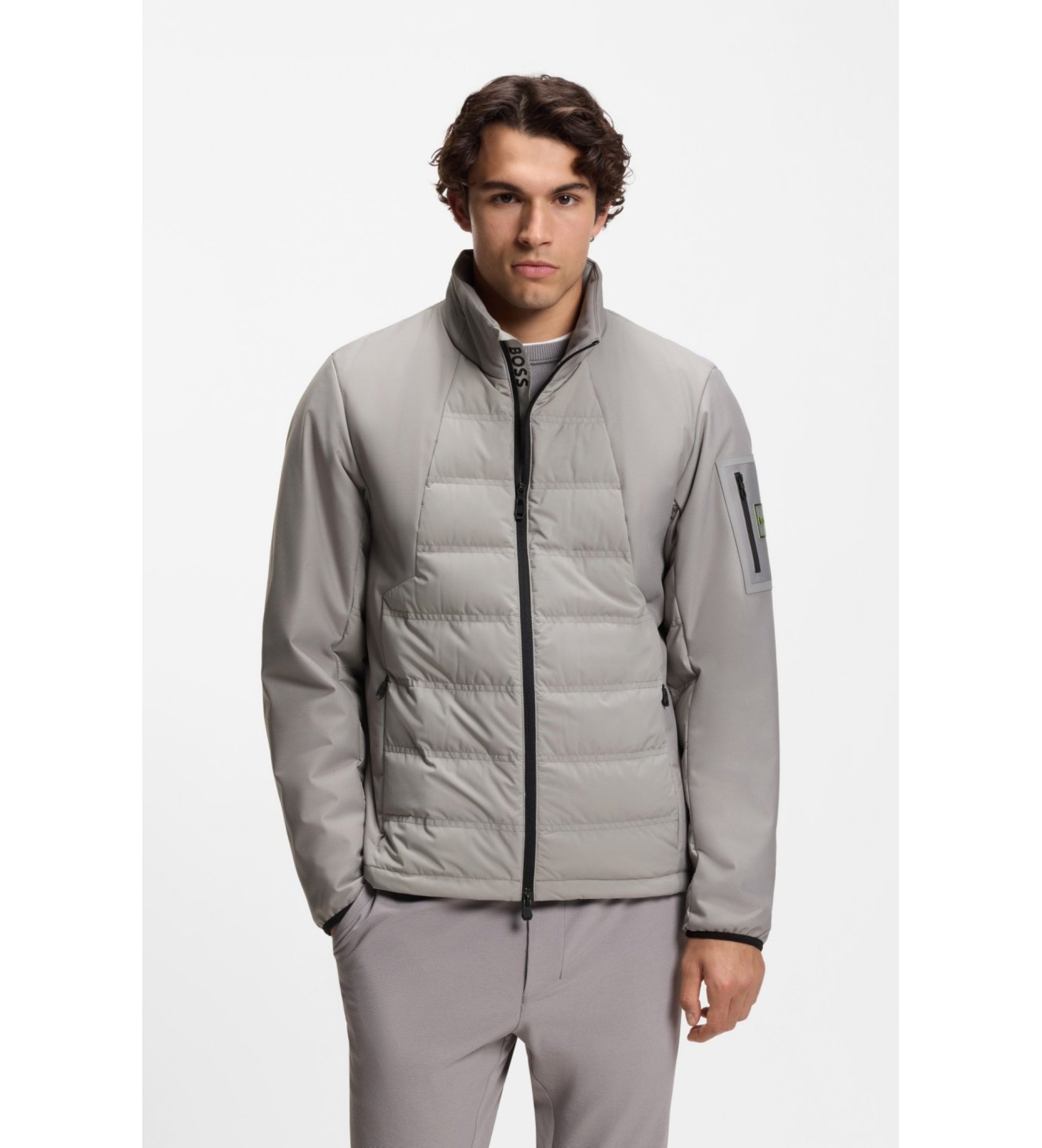 BOSS für Herren. 50552084 Wasserabweisende Jacke mit grauer Daunenfüllung (M), Lässig, Polyester, Langarm