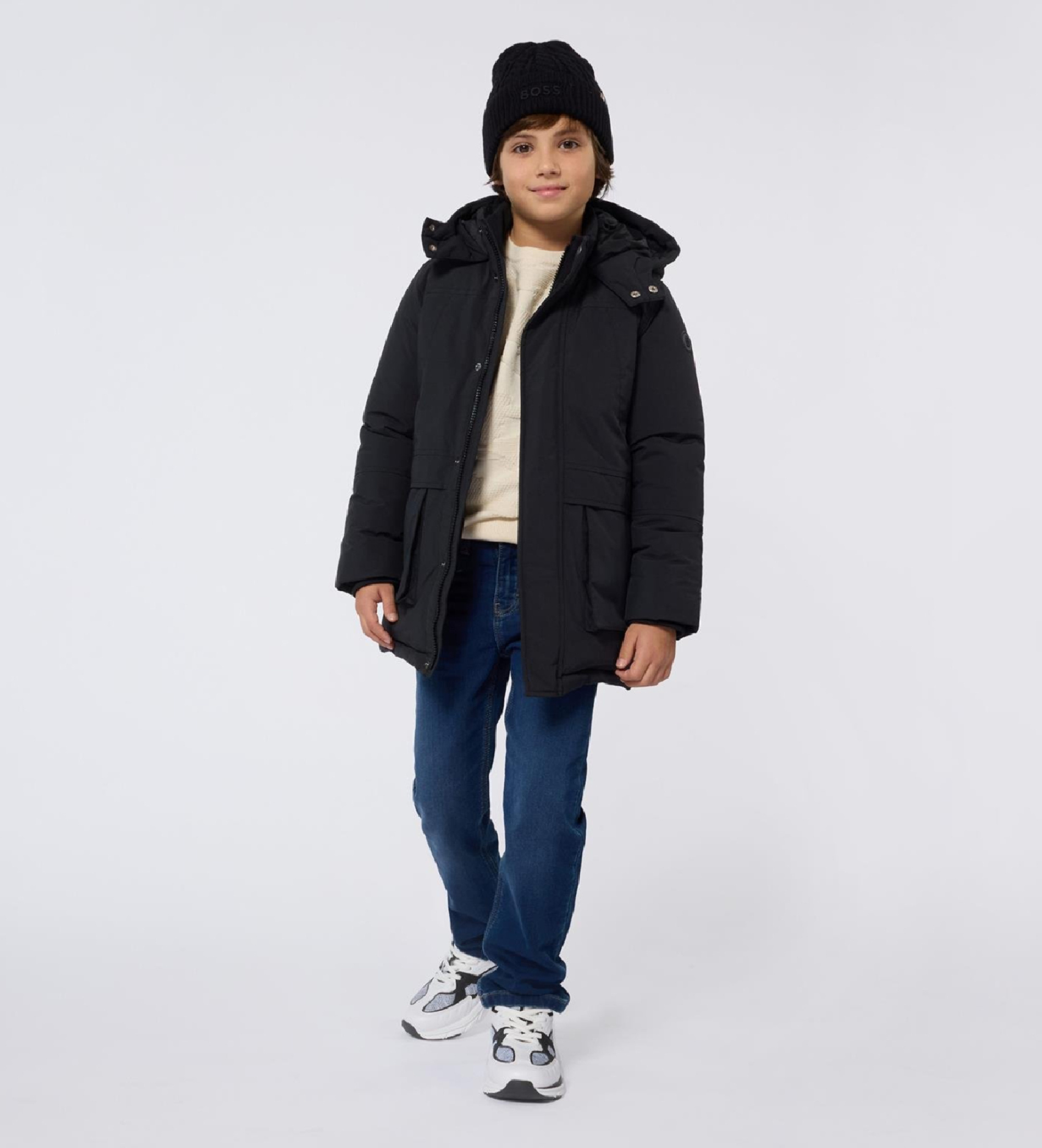 BOSS für Jungen. J52388 Schwarzer Parka mit Kapuze (16Y= 174cm), Lässig, Polyamid, Kinderbekleidung