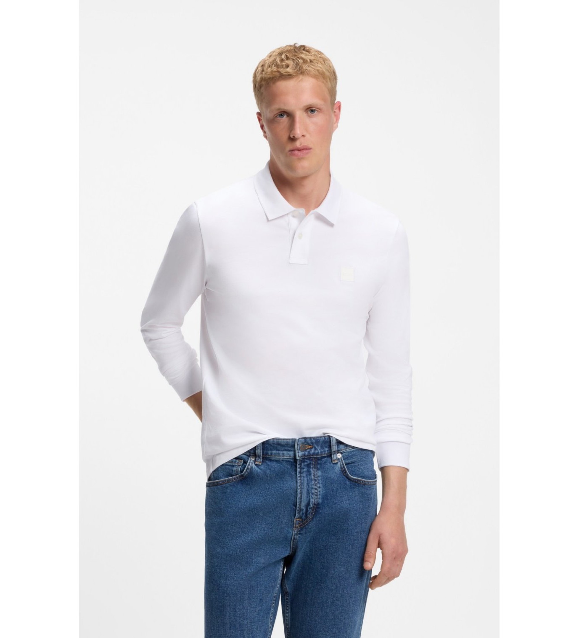 BOSSvoor mannen. 50507704 Slank poloshirt in wit piqué (S), Casual, Katoen, Klassiek, Lange mouwen