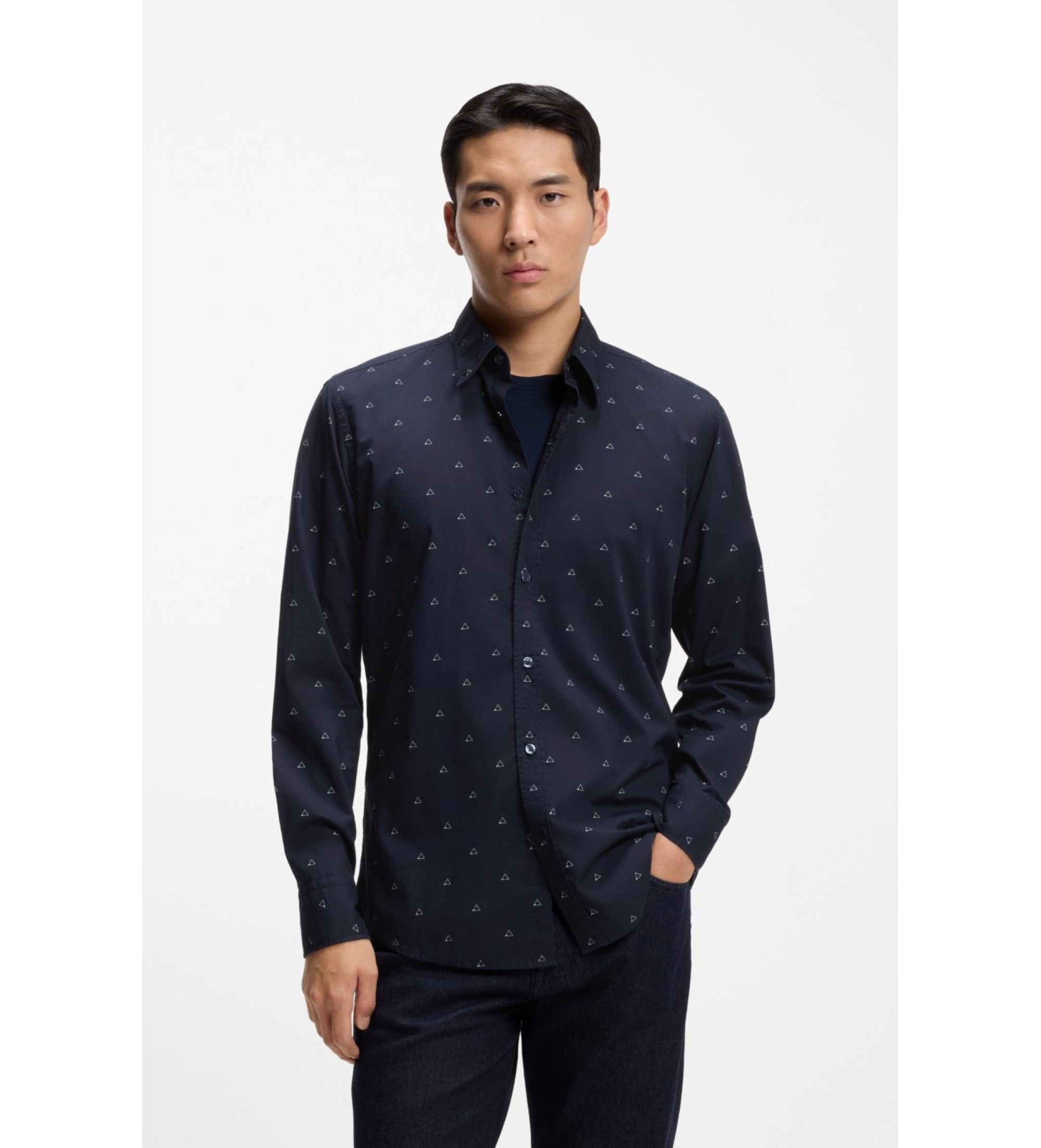 BOSSvoor mannen. 50553704 Regular Fit poplin overhemd marineprint (XL), Casual, Katoen, Lange mouwen, Marineblauw