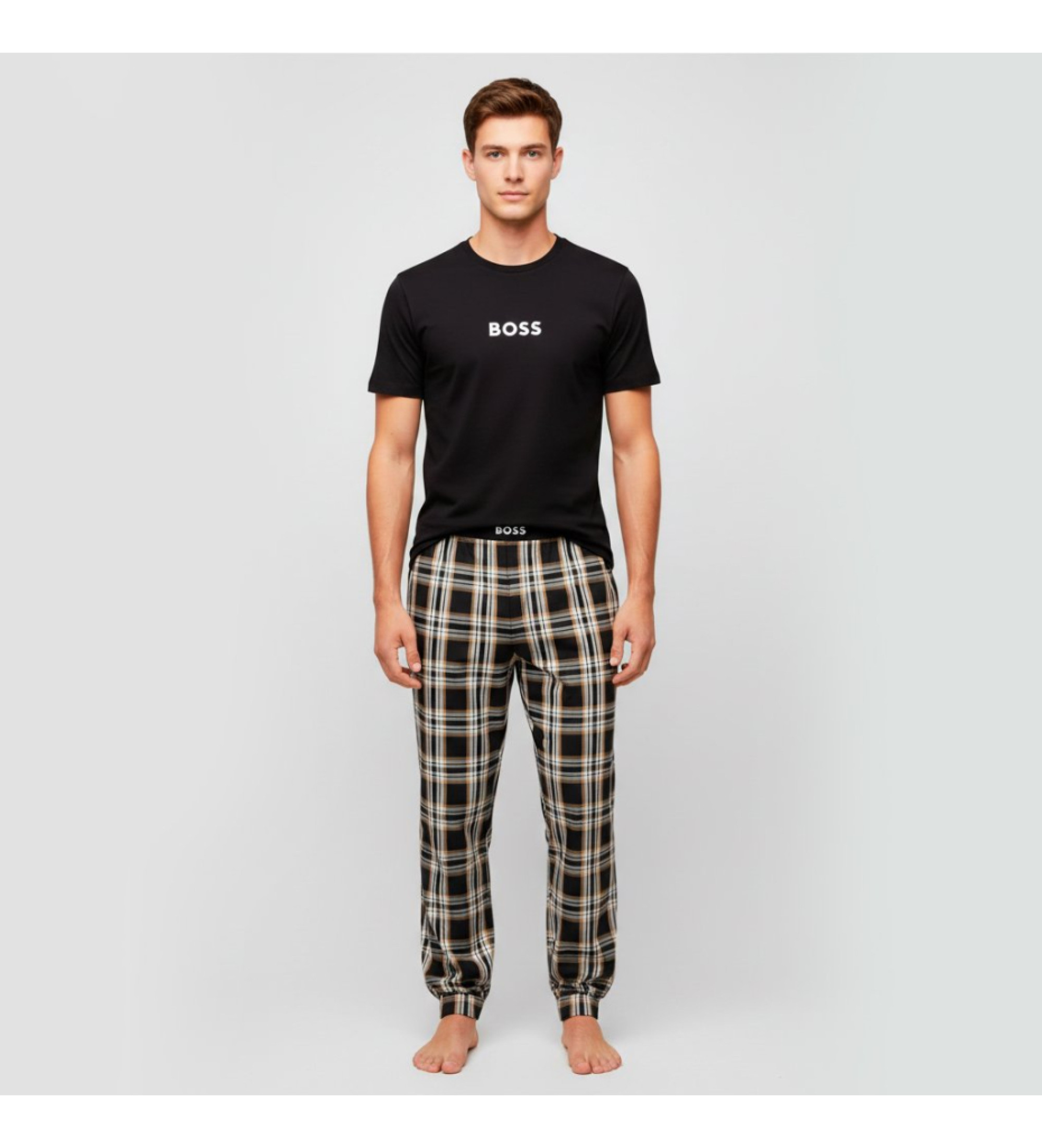 BOSS für Herren. 50535875 Schwarzes Pyjama-Set, einfarbig und kariert (M), Baumwolle, Langarm