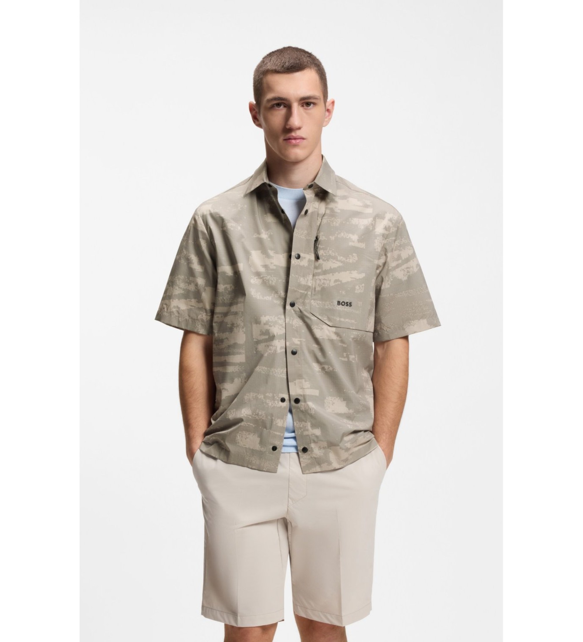 BOSS für Herren. 50559568 Hemd Globe Print grün (L), Lässig, Baumwolle, Kurzarm