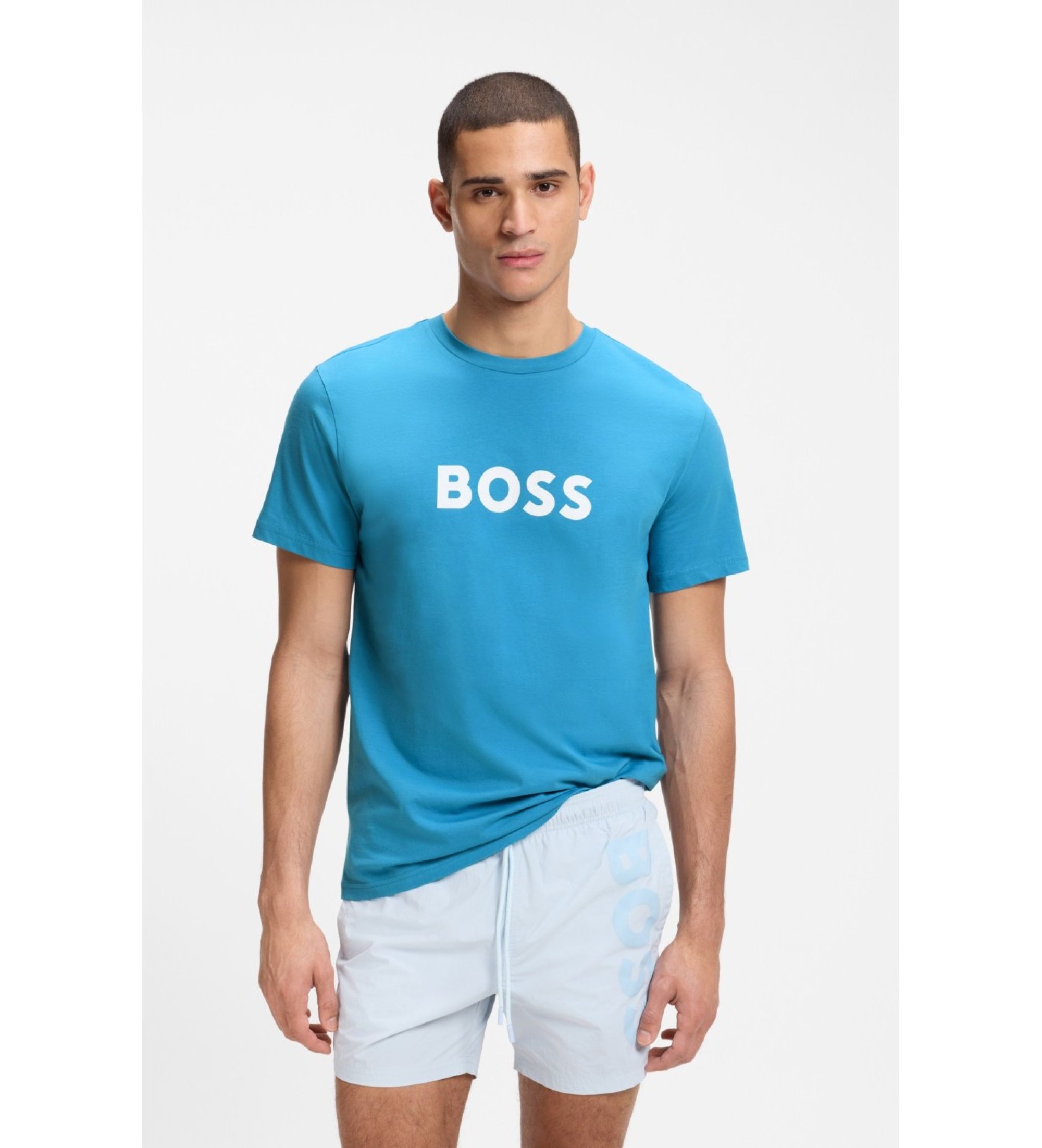BOSS für Herren. 50491706 T-Shirt aus Baumwolljersey mit türkisfarbenem Logodruck (M), Lässig, Baumwolle, Kurzarm