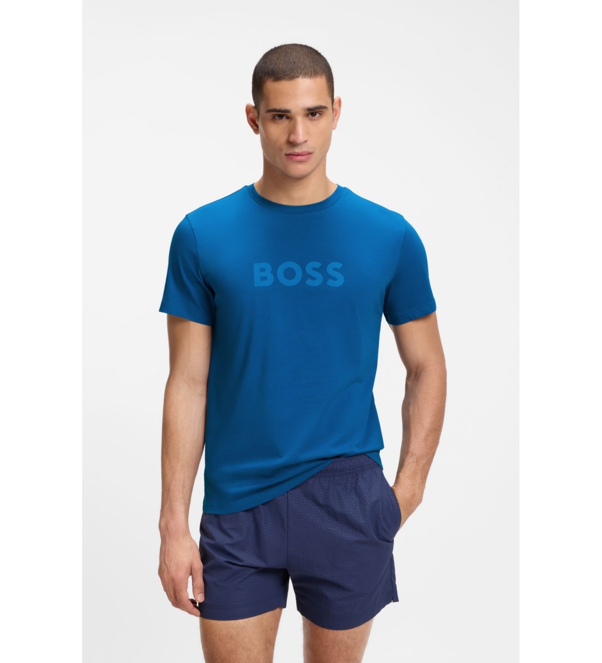 BOSS für Herren. 50491706 T-Shirt aus Baumwolljersey mit blauem Logodruck (M), Lässig, Baumwolle, Kurzarm