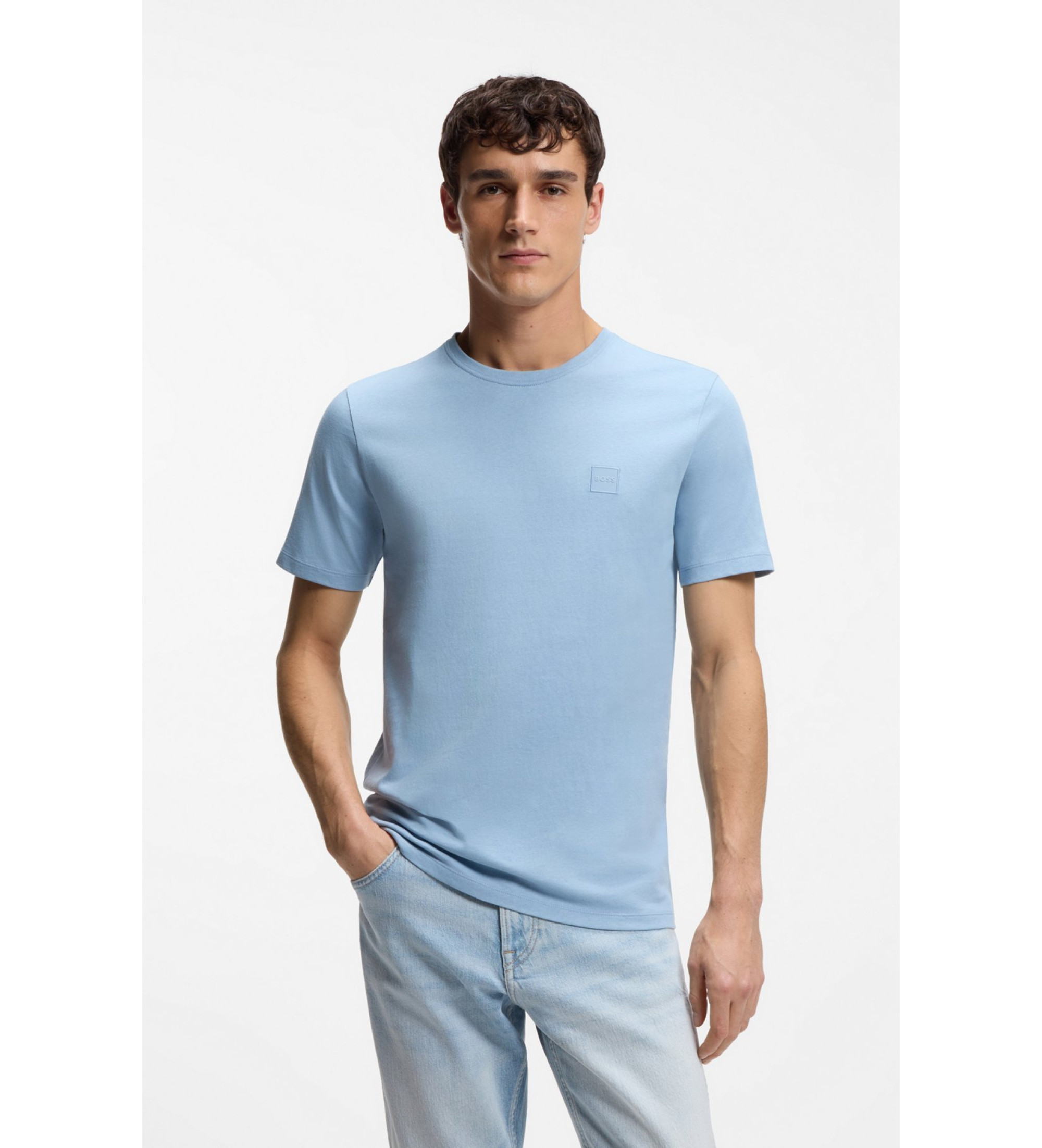 BOSS für Herren. 50508584 Strick-T-Shirt mit Applikationen blau (M), Lässig, Baumwolle, Kurzarm