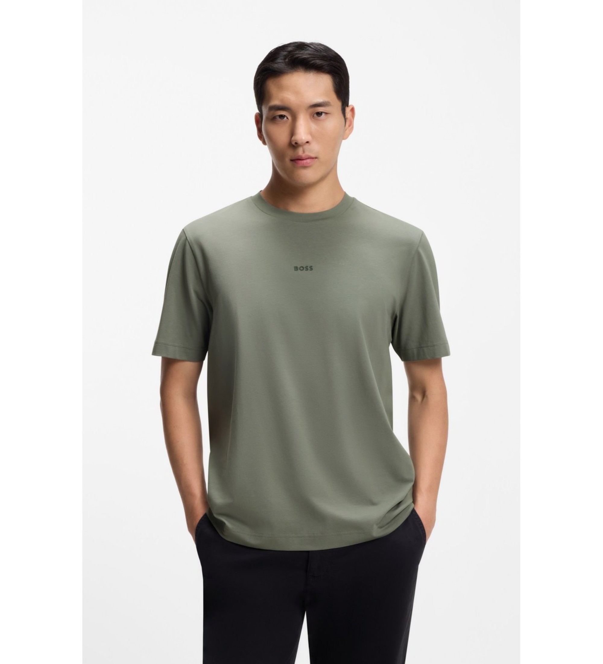BOSS für Herren. 50473278 Grünes T-Shirt aus Stretch-Baumwolle (S), Lässig, Kurzarm