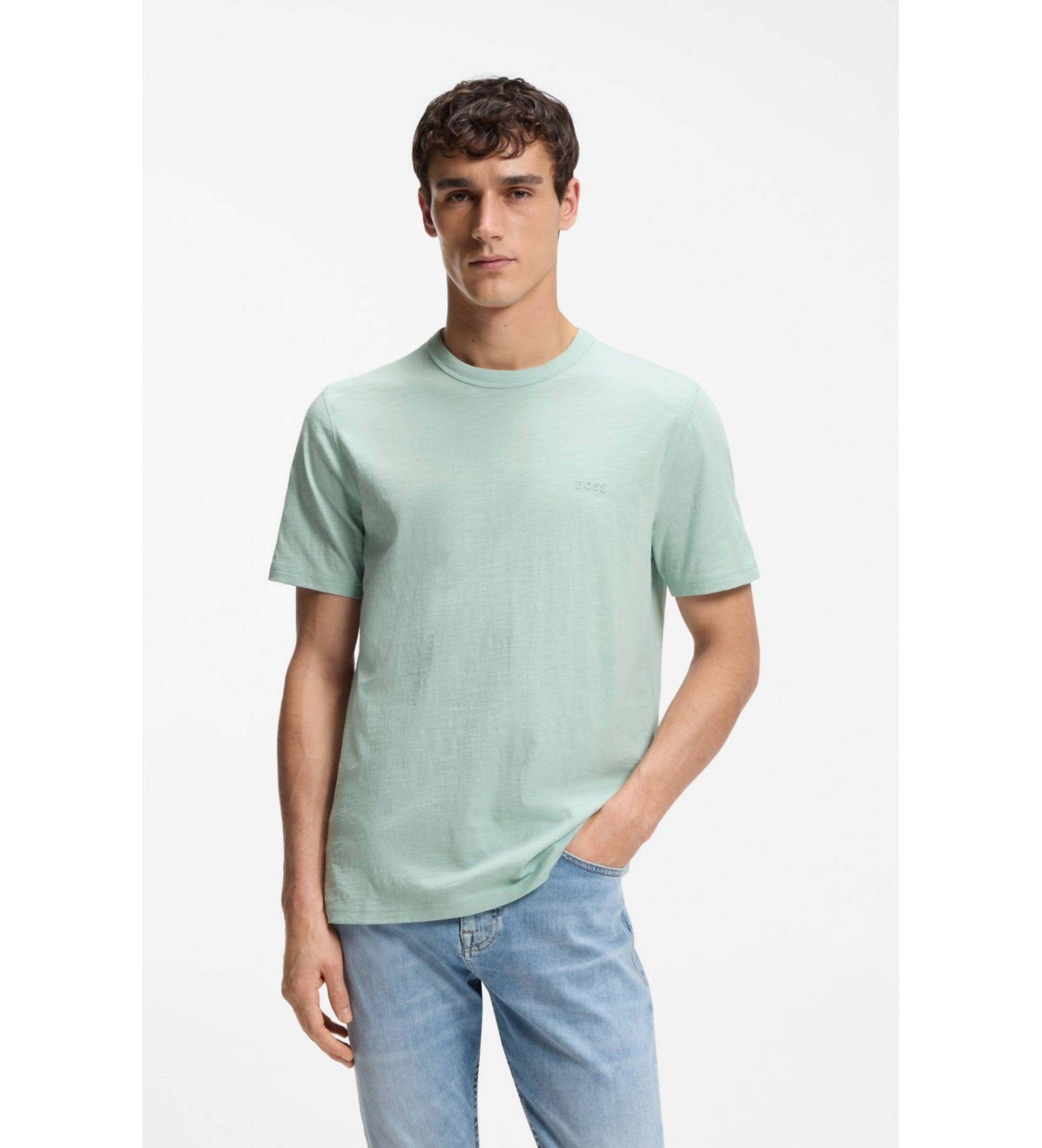 BOSS für Herren. 50508243 Türkisfarbenes Logo-Strick-T-Shirt (XL), Lässig, Baumwolle, Kurzarm