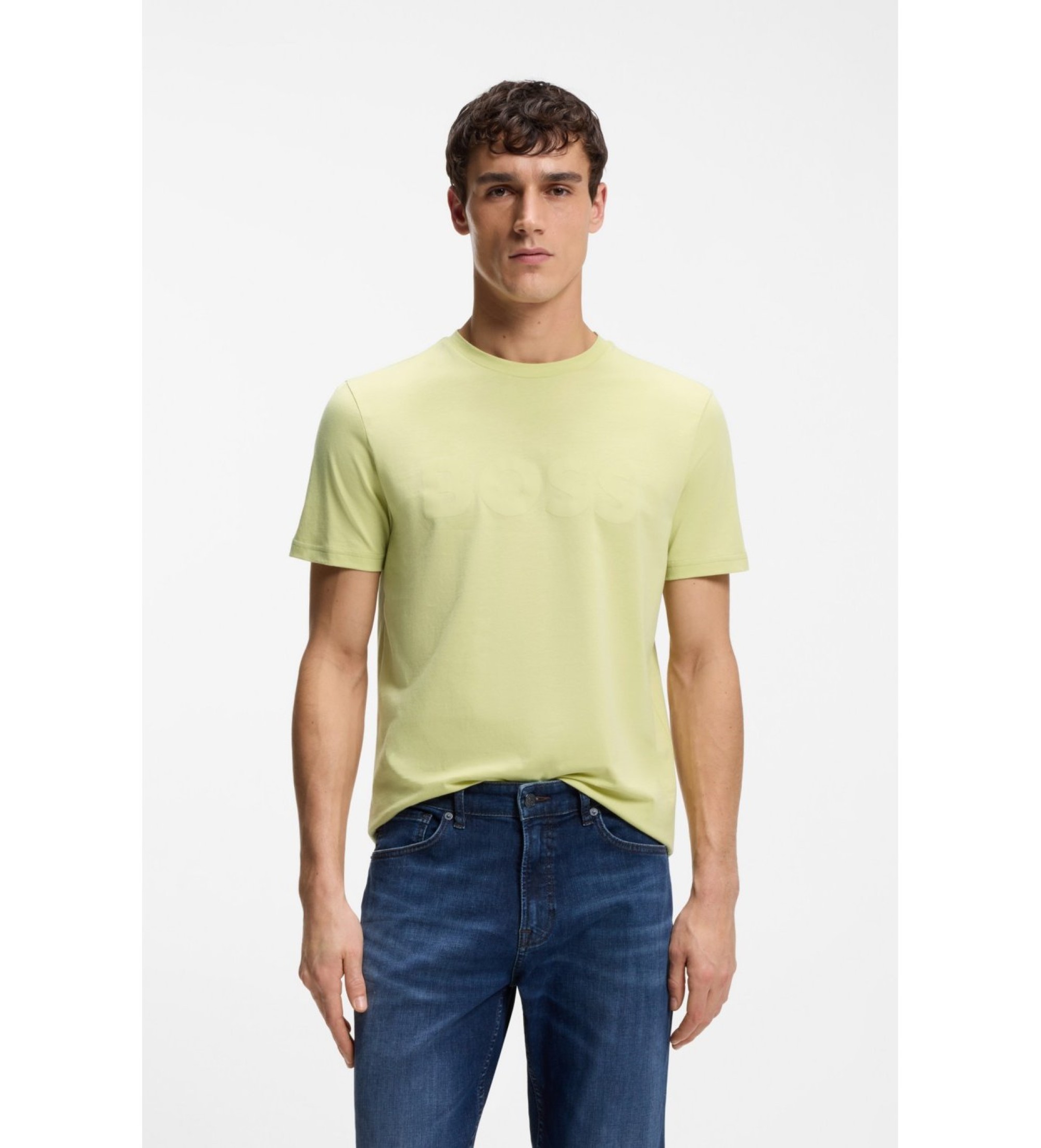 BOSS für Herren. 50481923 Beigefarbenes Logo-Strick-T-Shirt (S), Lässig, Baumwolle, Kurzarm