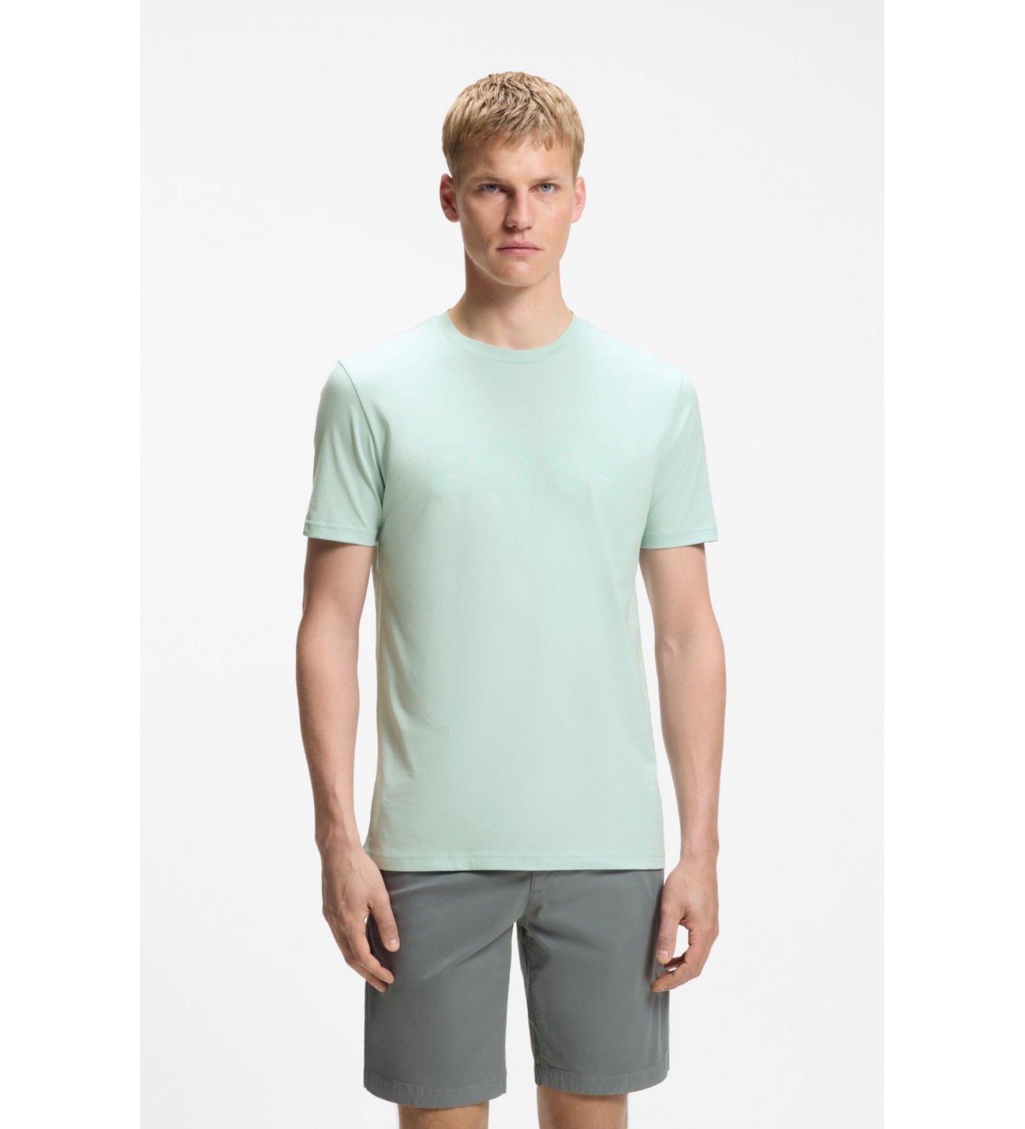 BOSS für Herren. 50481923 Türkisfarbenes Logo-Strick-T-Shirt (S), Lässig, Grün, Baumwolle, Kurzarm