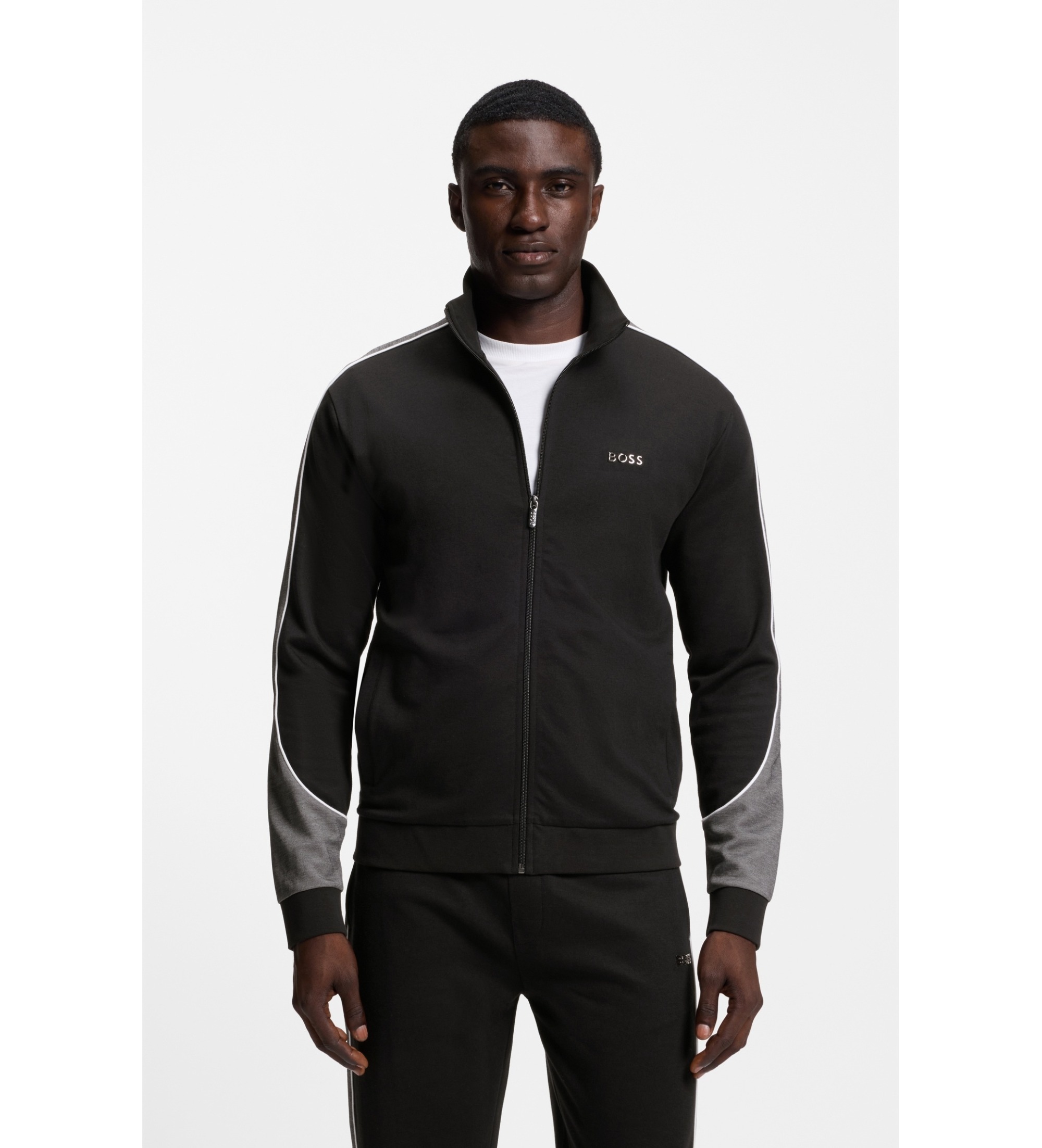 BOSSvoor mannen. 50554793 Katoenen jas met rits en contrasterende details in zwart (M), Homewear
