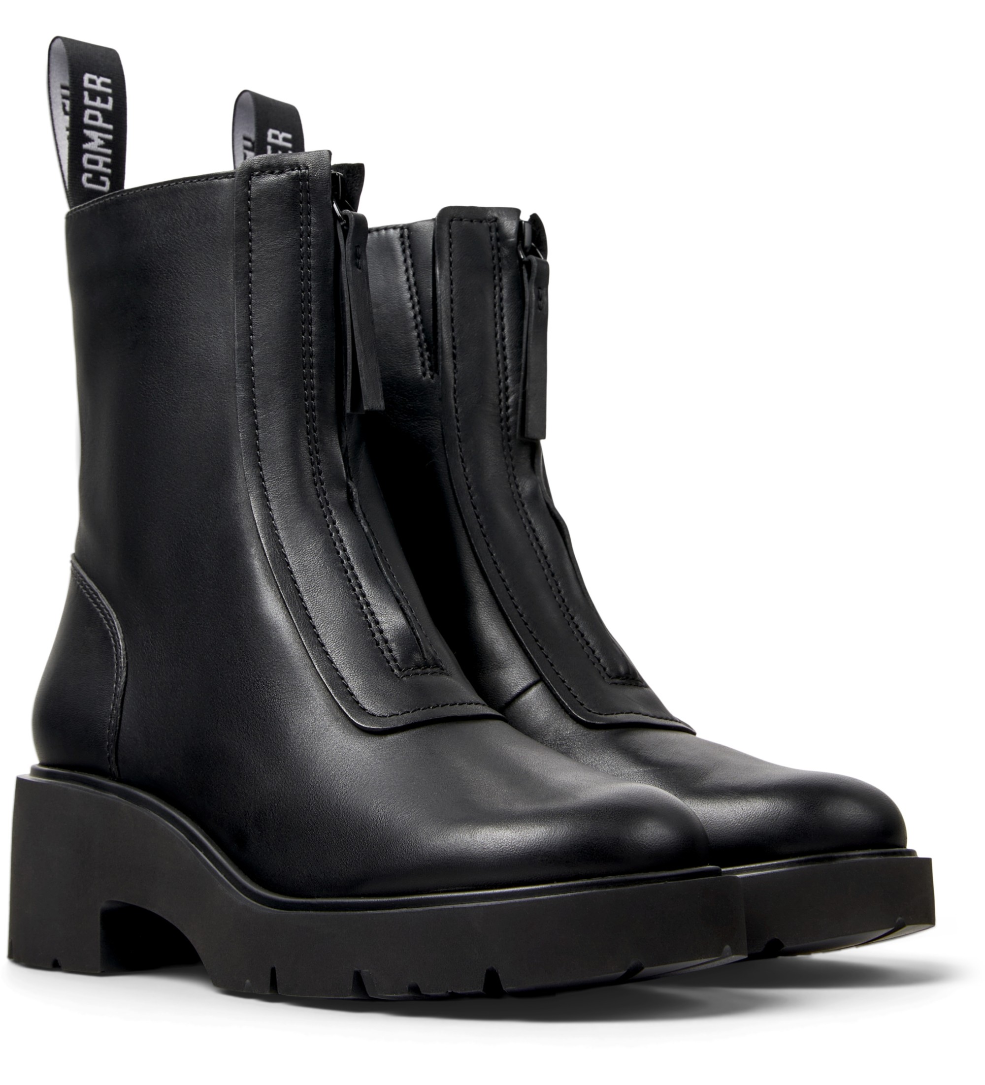 Camper pour femme. K400776-001 Bottes en cuir Milah noir (38), 1 à 3 cm, Fermeture éclair, Casuel